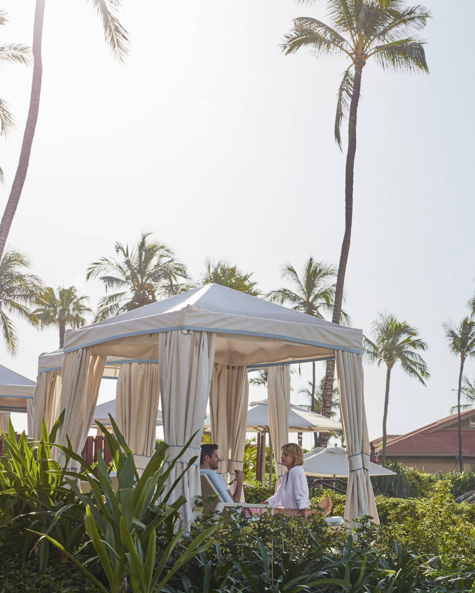 Tall palm trees over cabanas with white curtains on sunny day