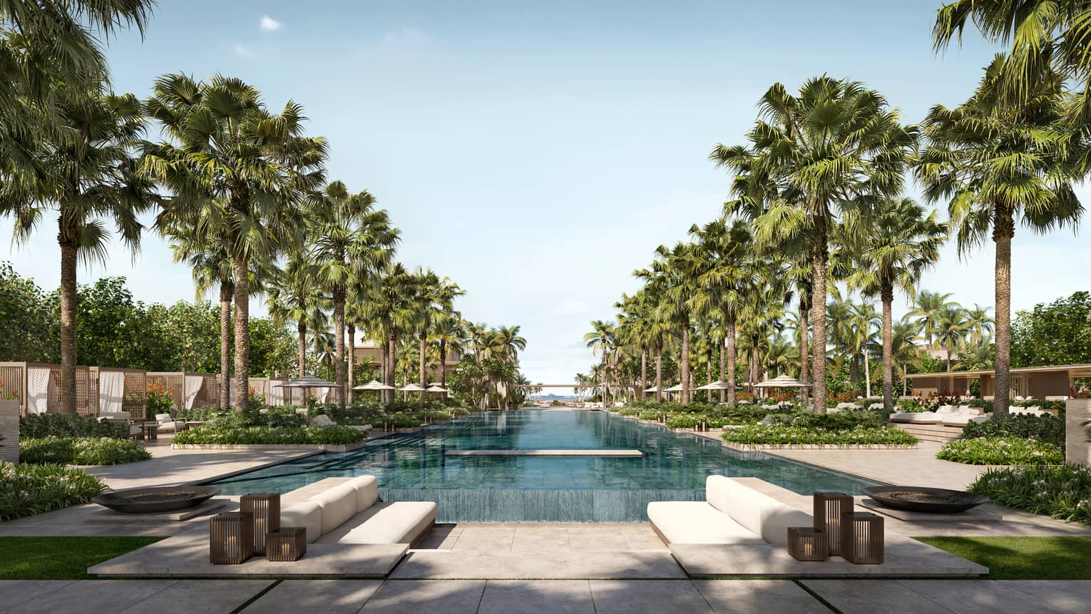 Rendering of outdoor pool lined by palm trees