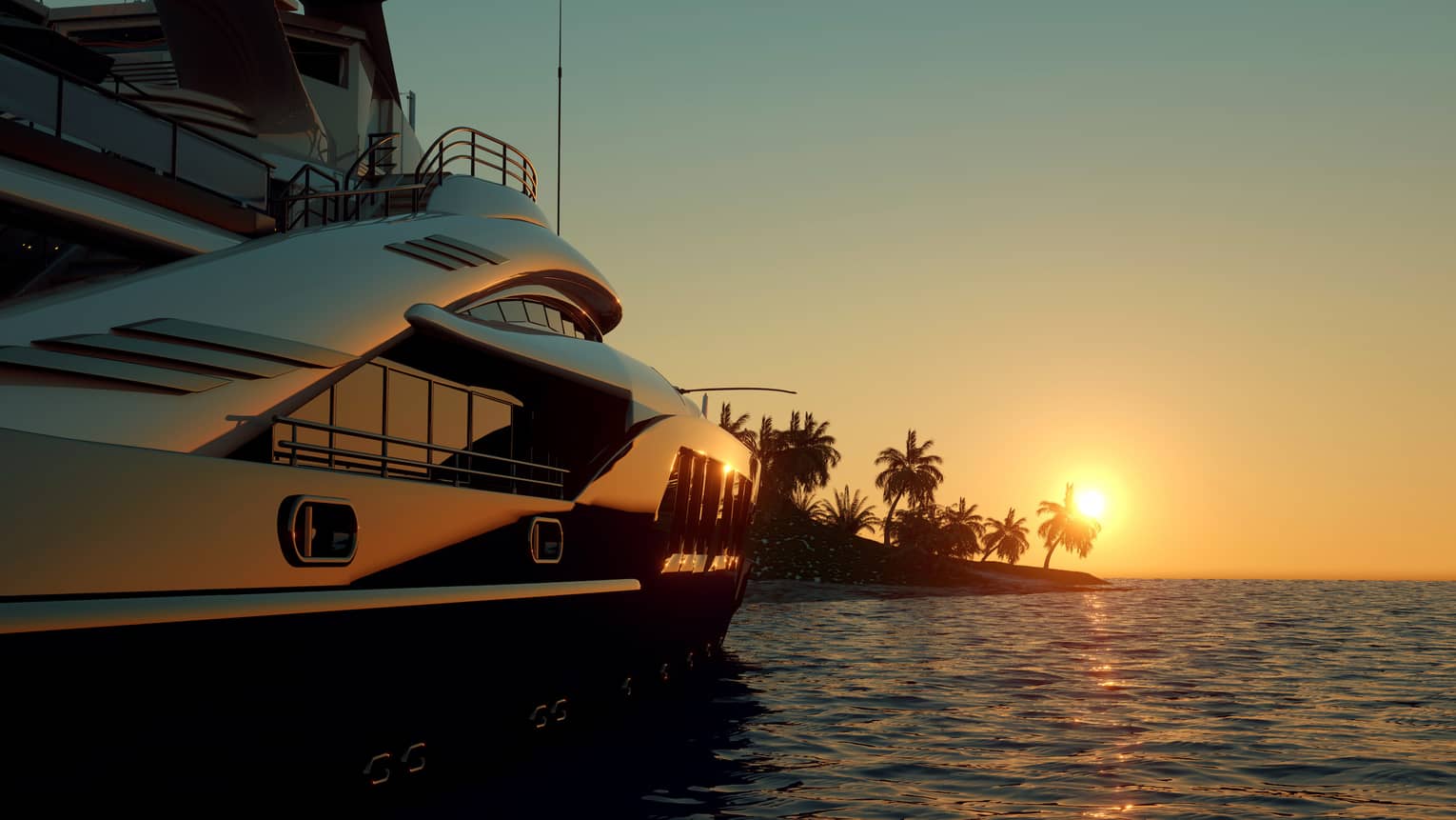 A boat cruises on clear waters at sunset