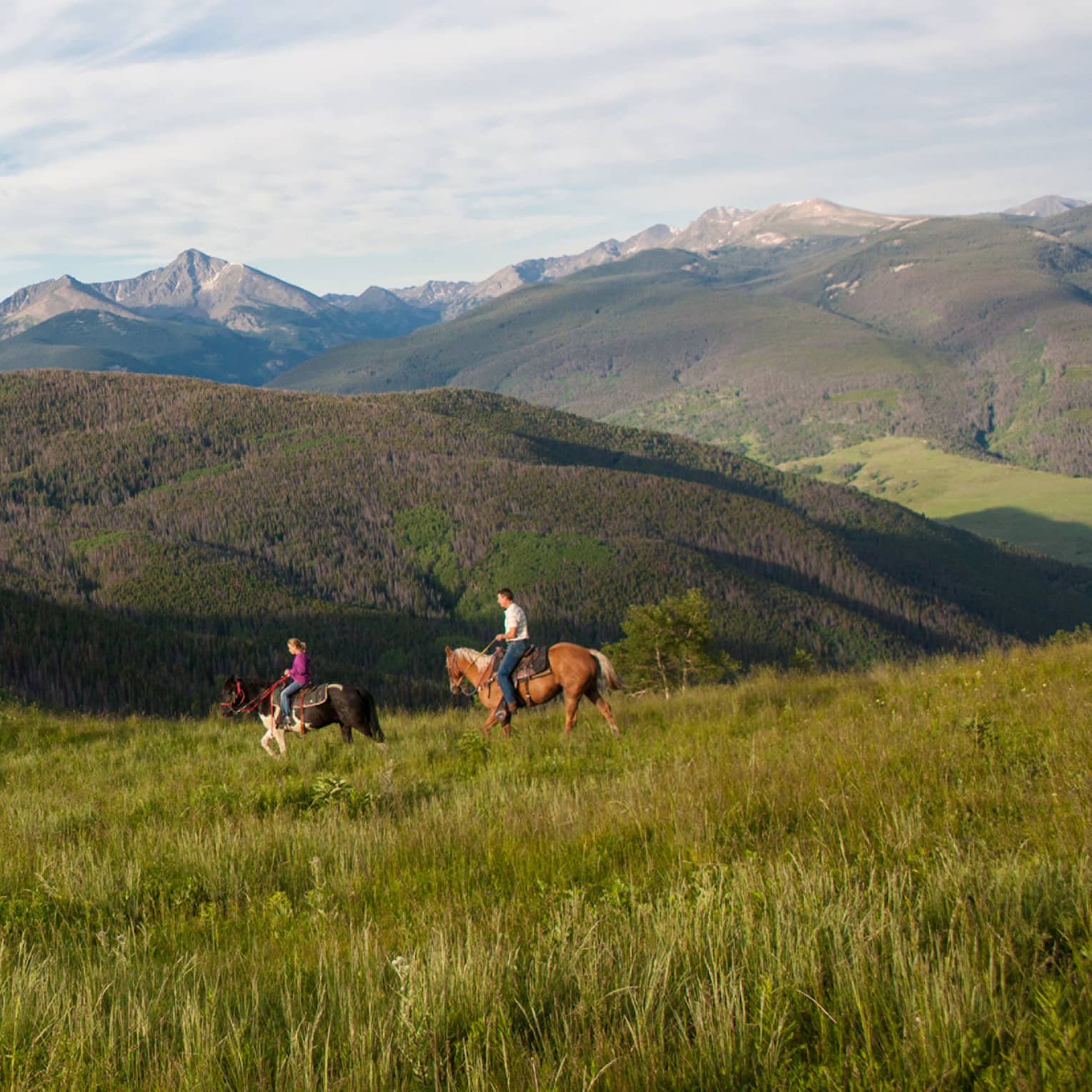 A group of people on horseback riding along grass and hills.