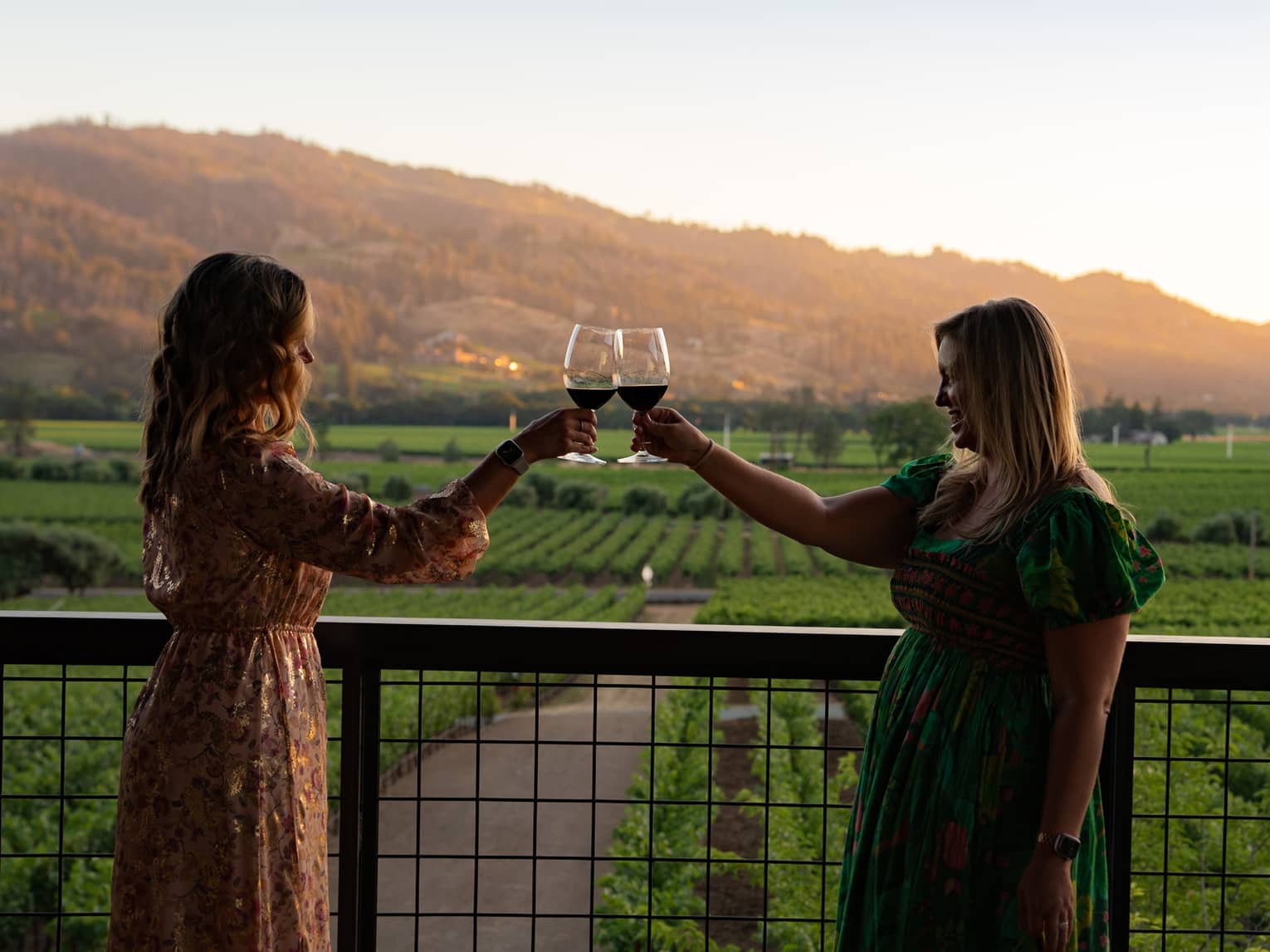Two guests standing on a balcony overlooking a vineyard and holding their wine glasses in the air