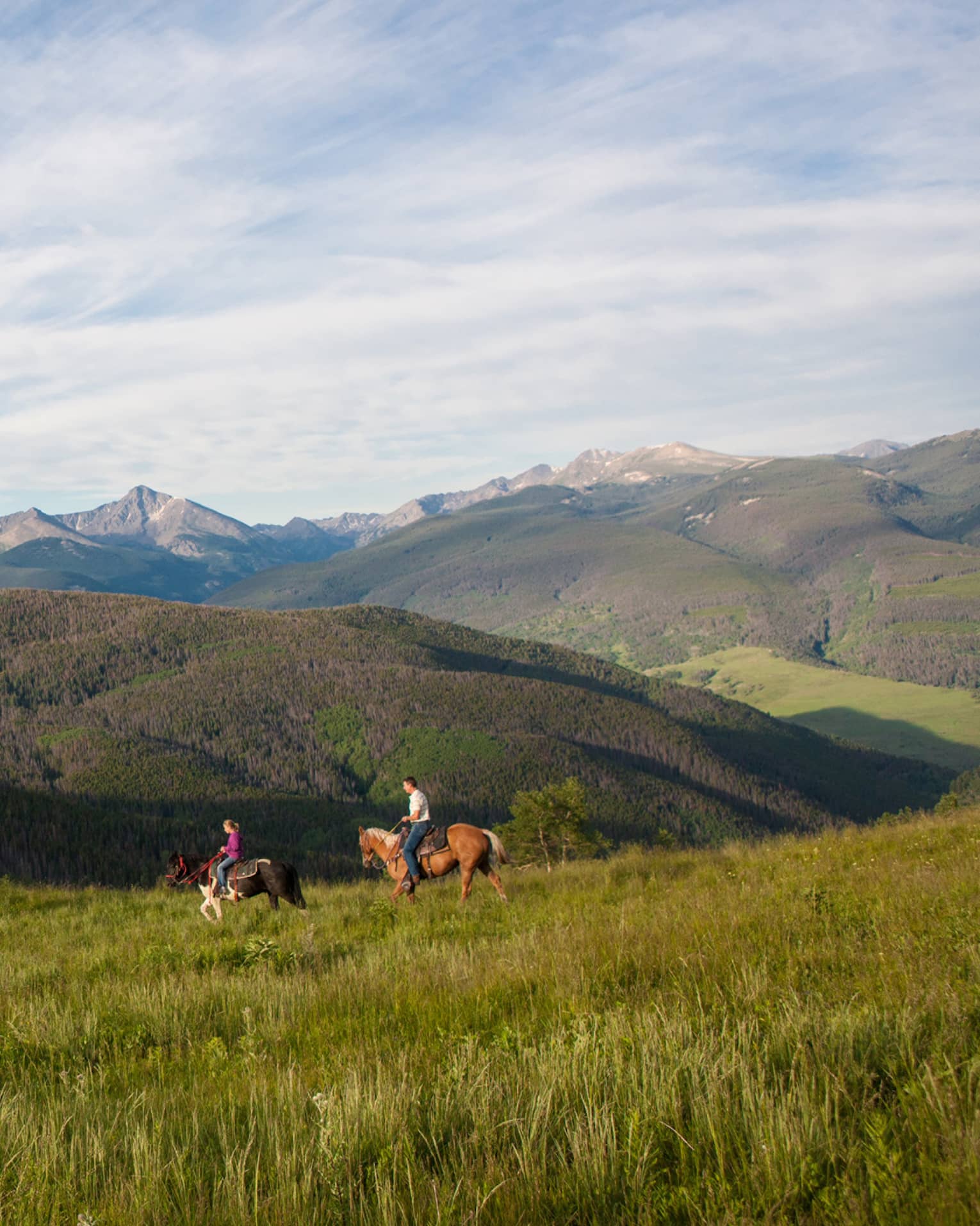 A group of people on horseback riding along grass and hills.