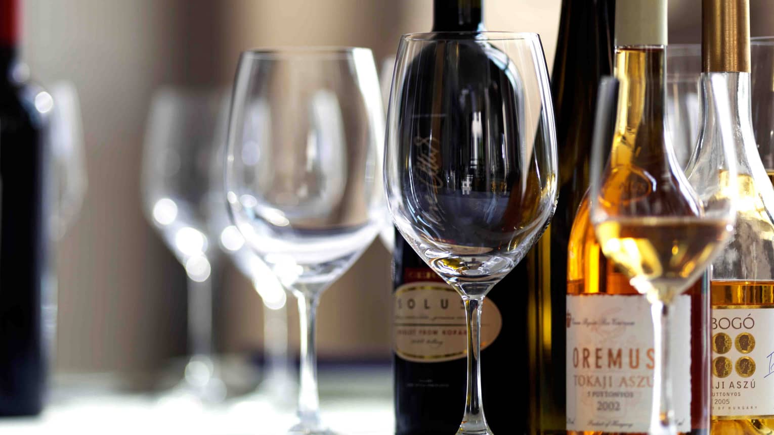 Close-up of wine glasses in front of bottles 
