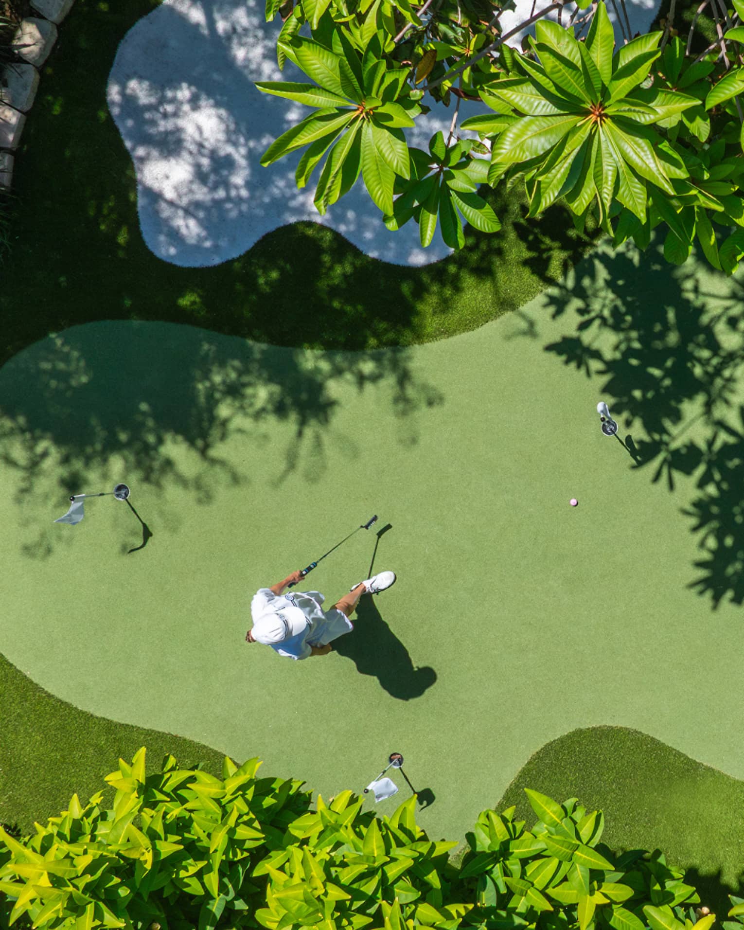 Bird's-eye view of a verdant putting green surrounded by manicured grass and palm trees