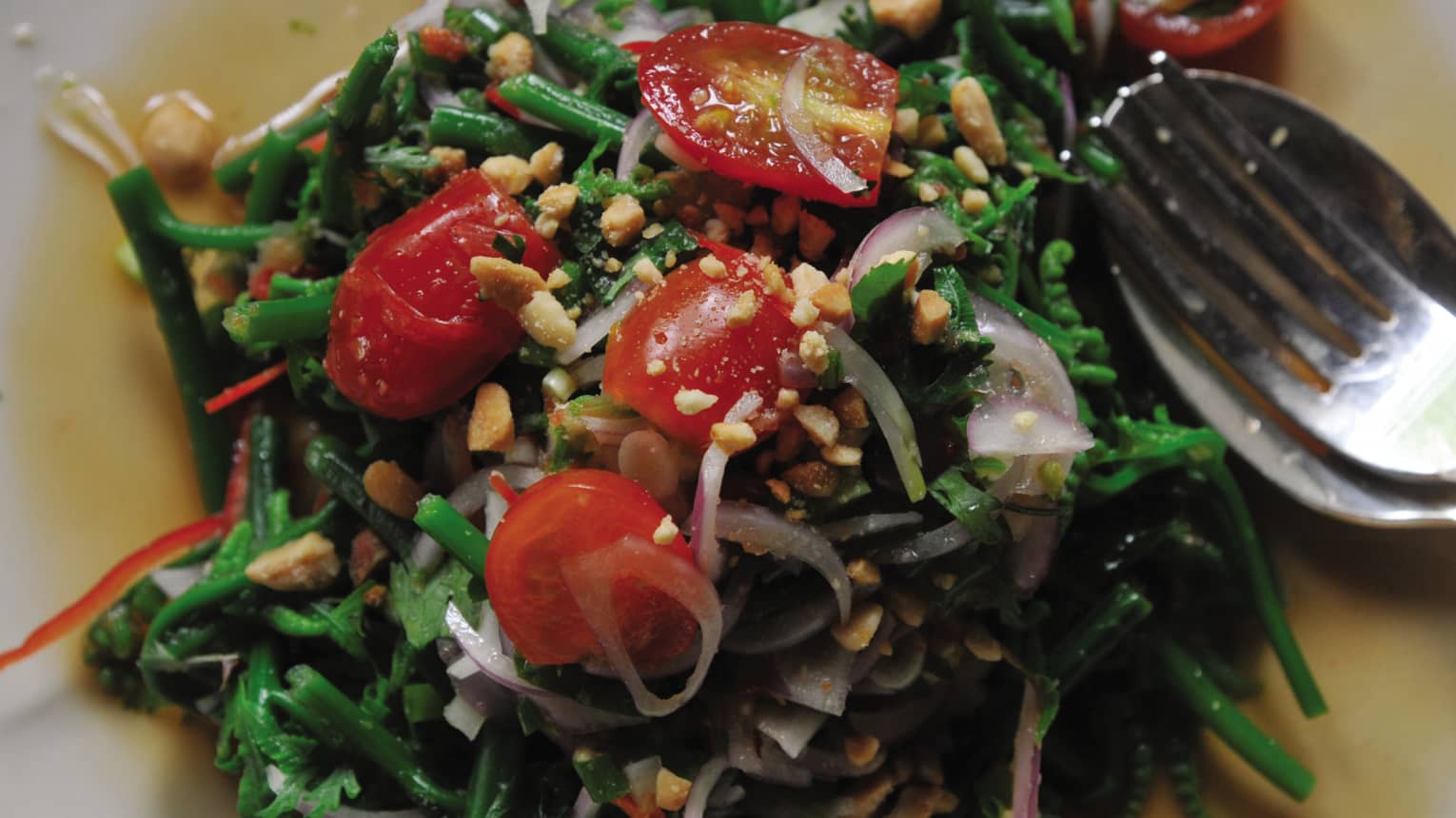 Khao Soi Hor egg noodle curry, greens, tomatoes 