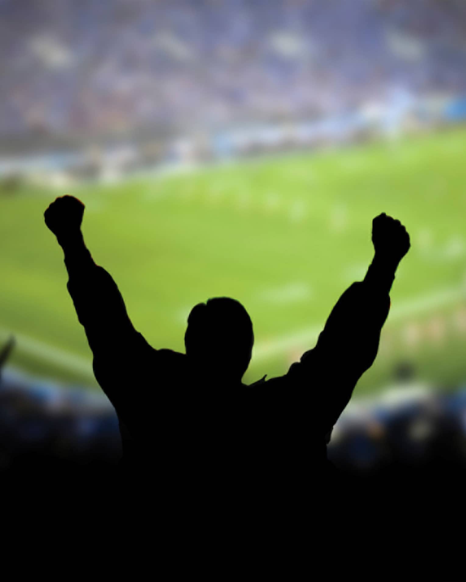 A silhouette of a person cheering at a football stadium.