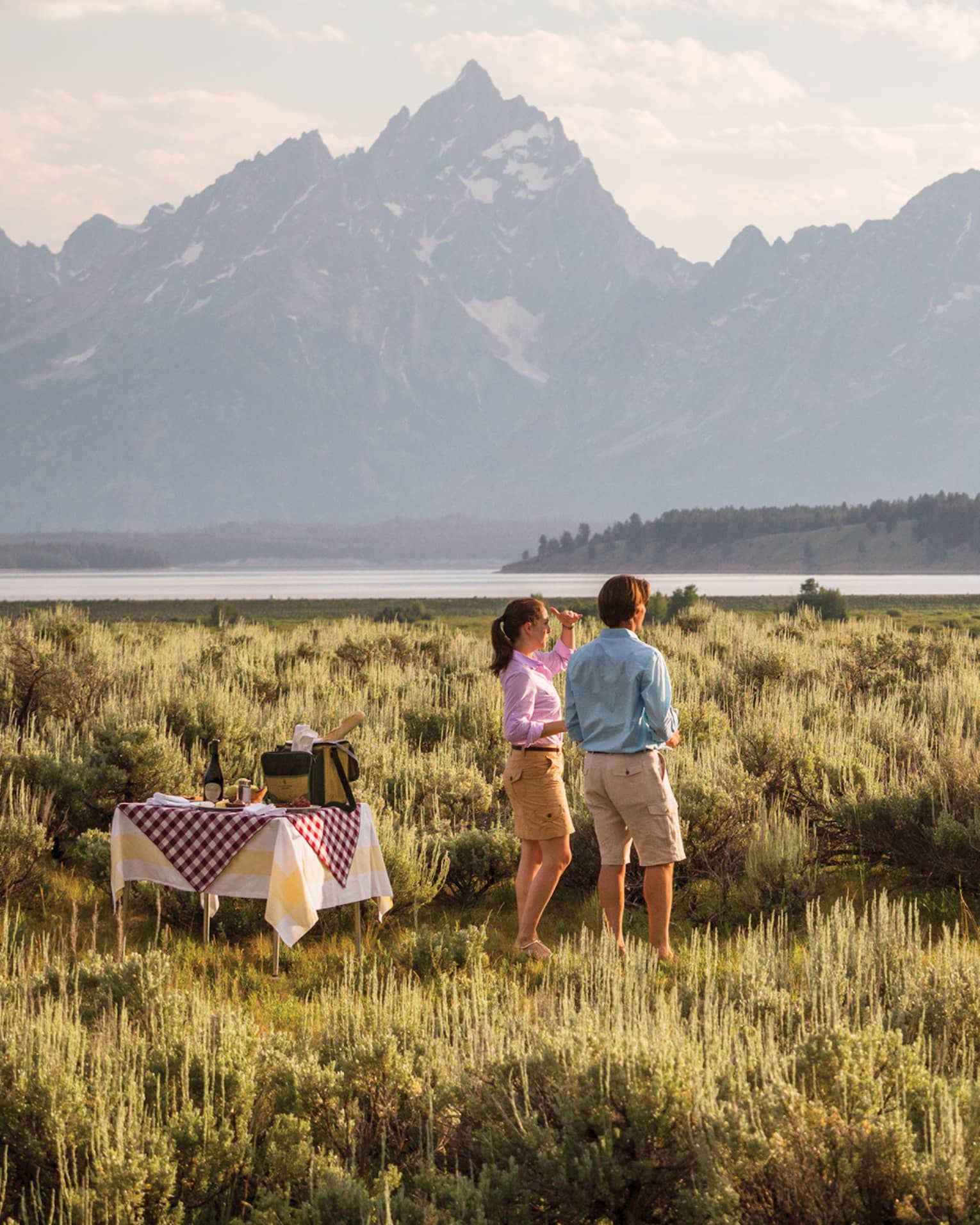 Picnic lunch, Champagne on table by man and woman in grassy field looking out at mountains