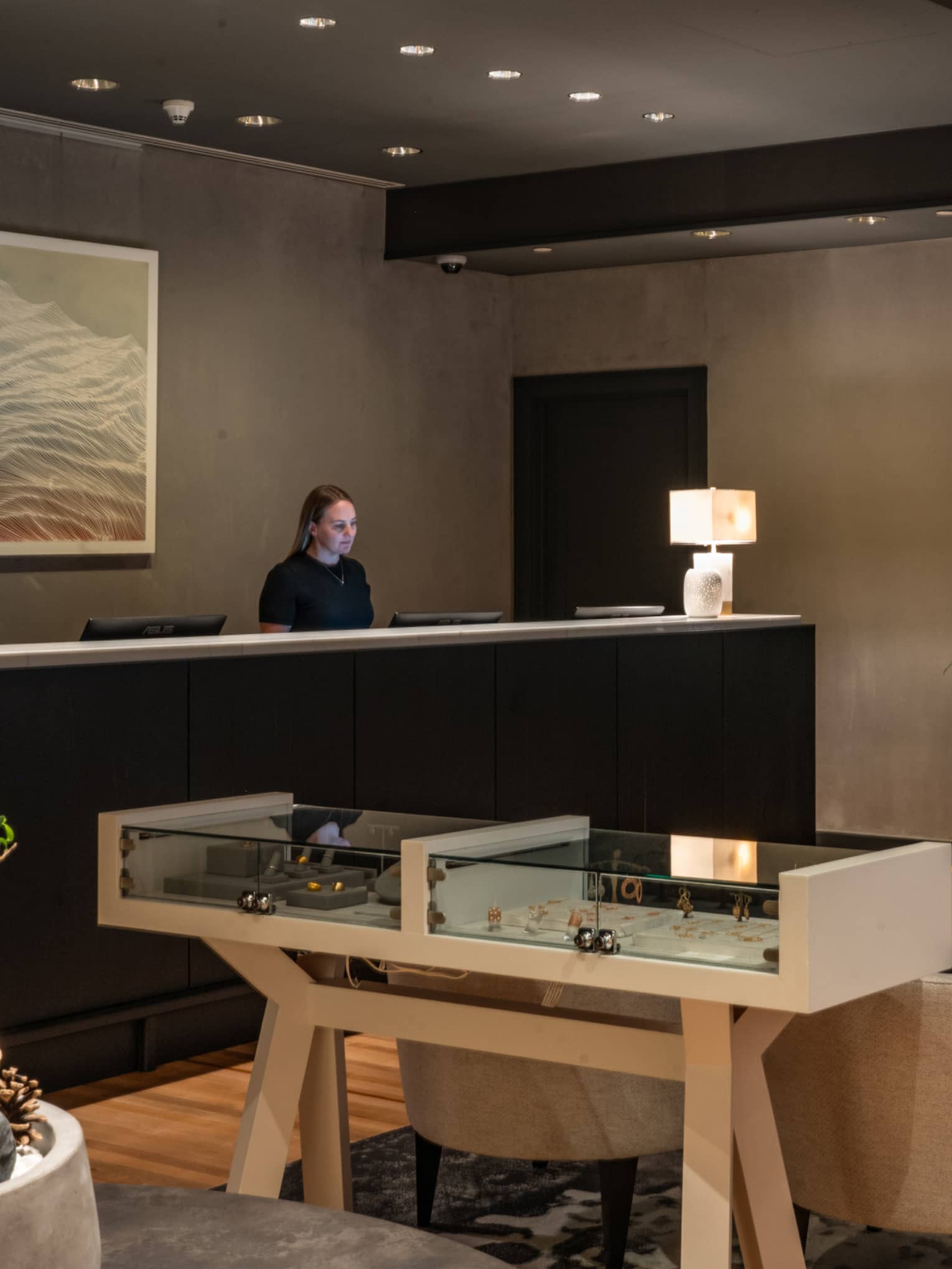 Spa reception desk with seating area in front