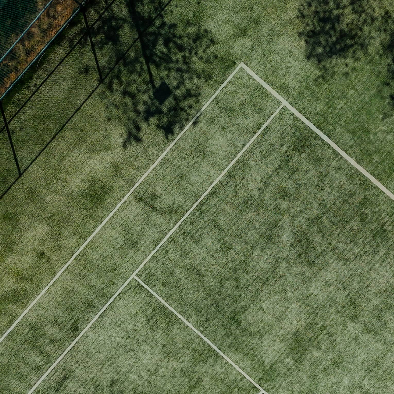 A tennis player in action on a green court on a sunny day