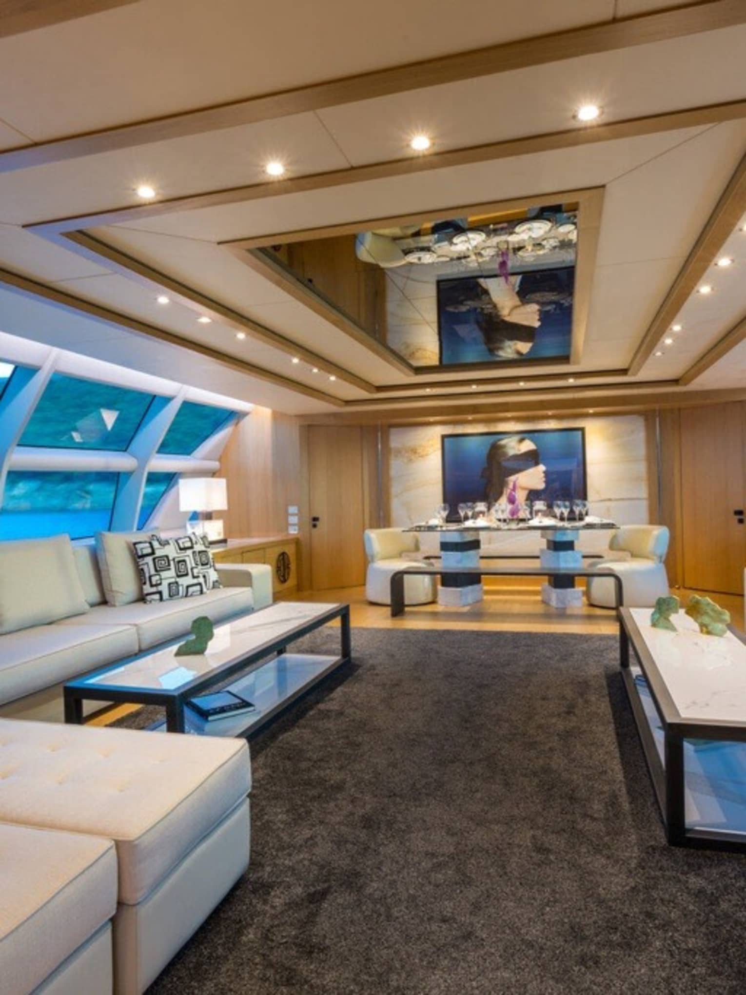 Sleek interior salon of yacht