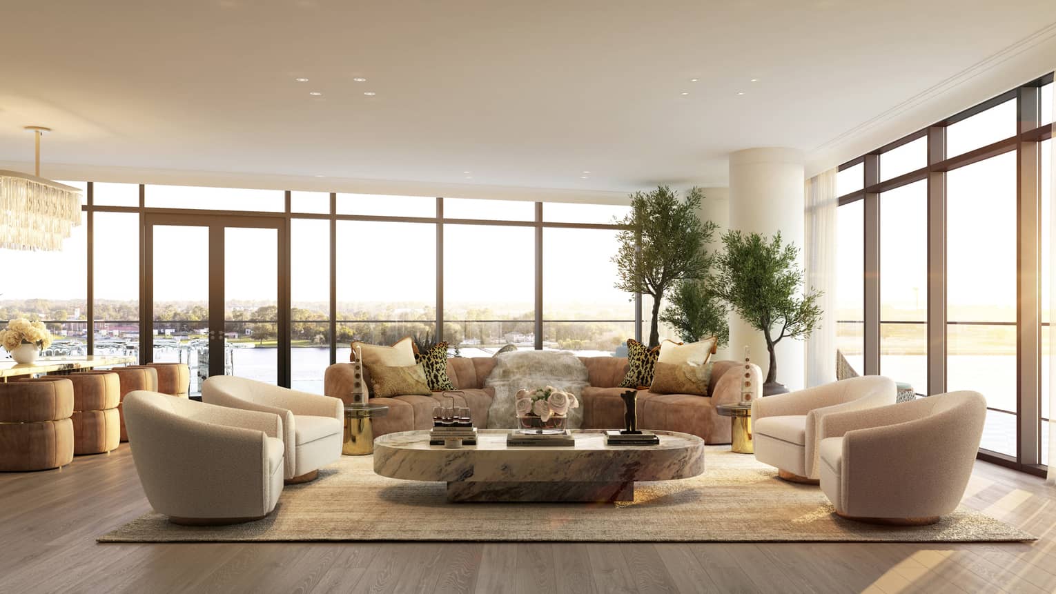 Rendering of living room and floor-to-ceiling windows