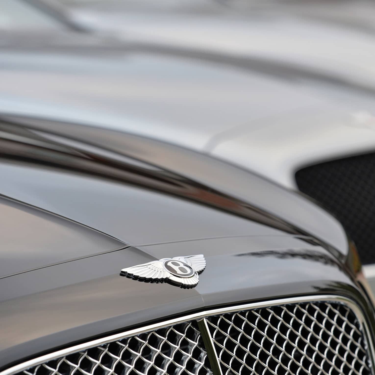 Close up of Bentley car, as part of line up of luxury cars 