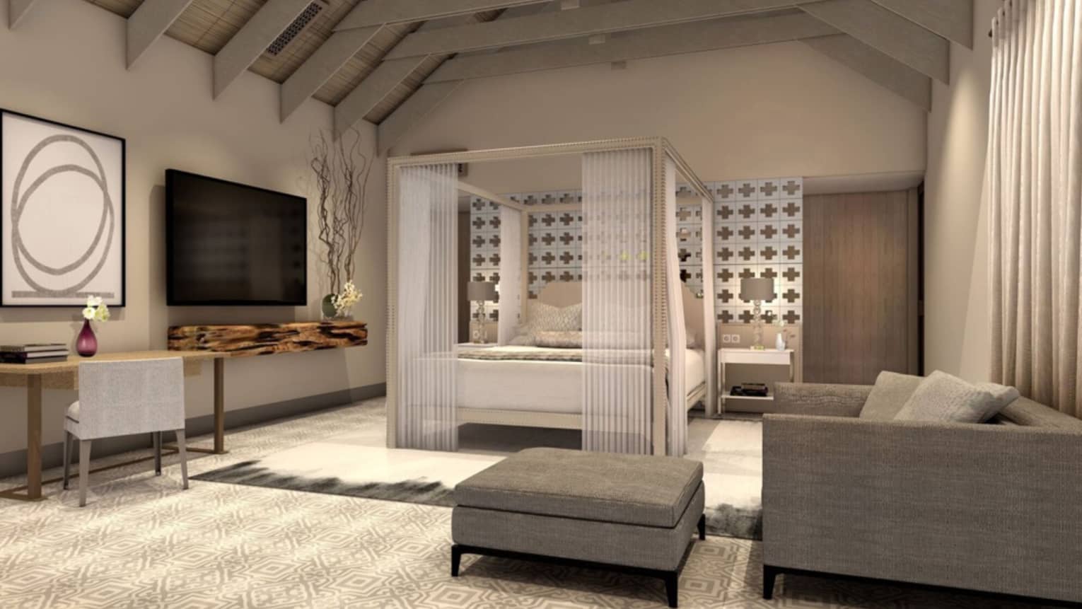 Three-Bedroom Presidential Villa white room, roof, modern grey sofa and ottoman, poster bed