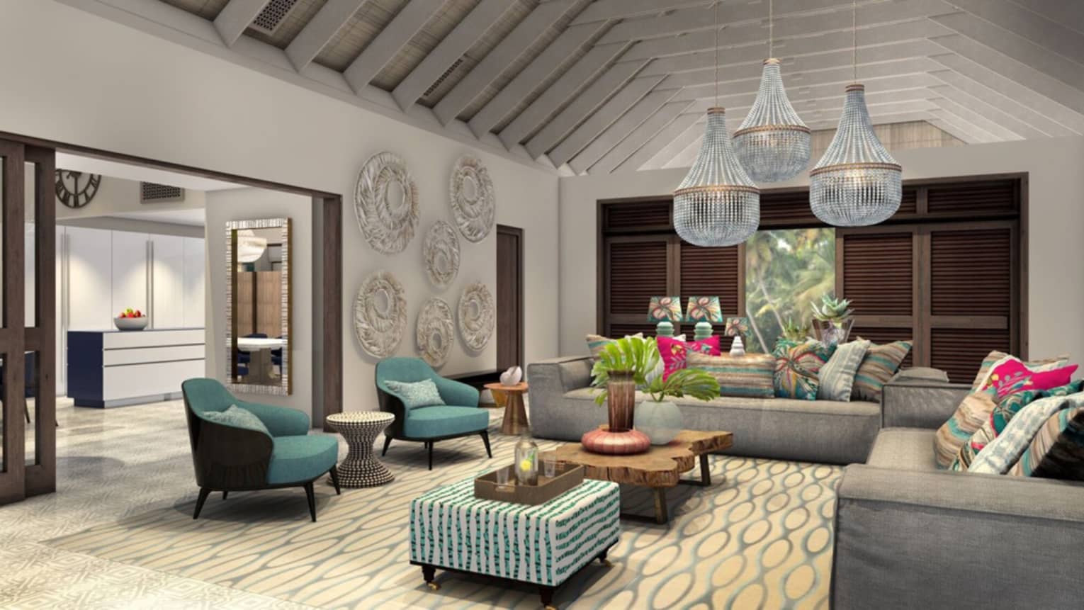 Seven-Bedroom Presidential Villa living room with grey sofas, teal armchairs, large chandeliers