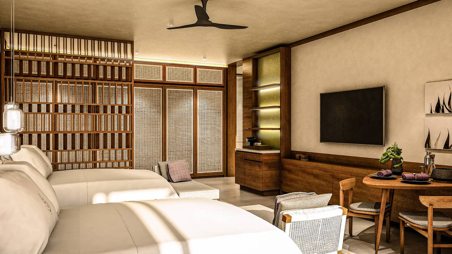 A modern hotel room with two double beds, wooden accents and wicker details. A seating area, wall-mounted TV and small dining table complete the space, lit by soft natural light.