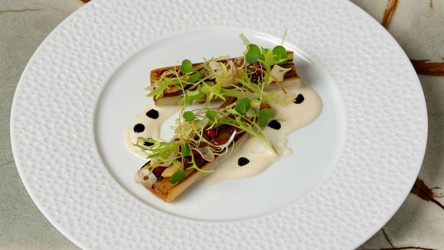 A round white plate with textured edge holds pieces of cooked food set on a dollop of cream-coloured sauce and garnished with delicate greens.