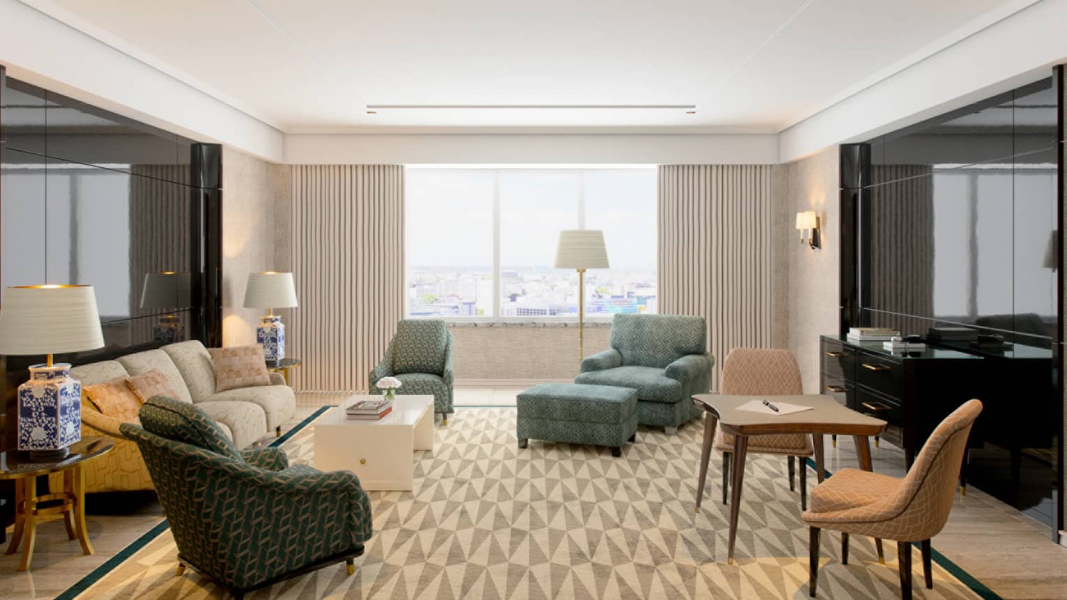 Rendering of living room with window, geometric carpet, turquoise arm chairs, sofa