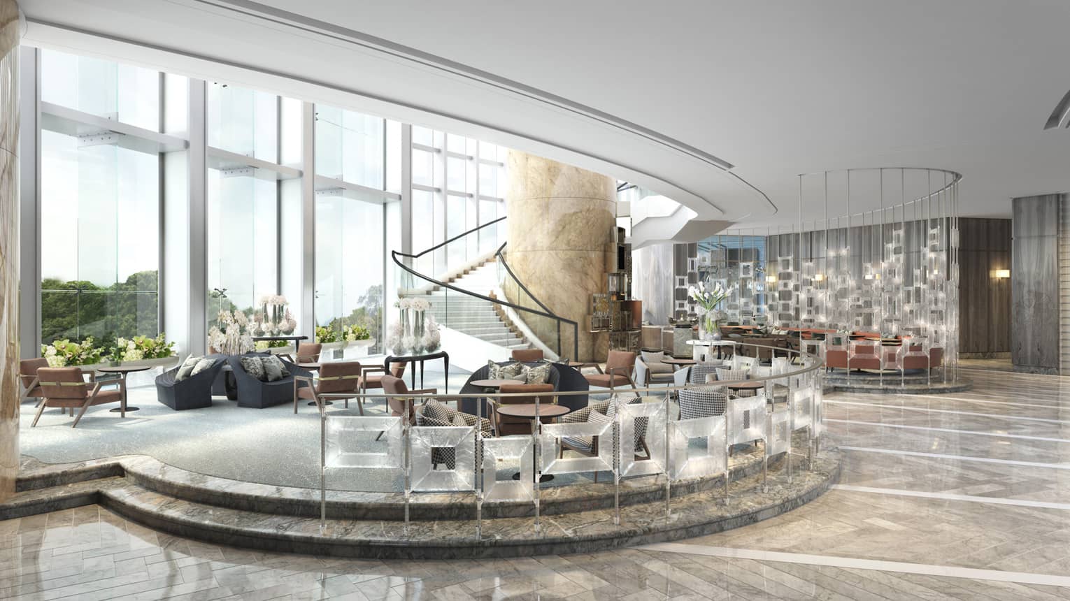 Hotel lounge area with double-high, floor-to-ceiling windows, a curved staircase leads to second floor