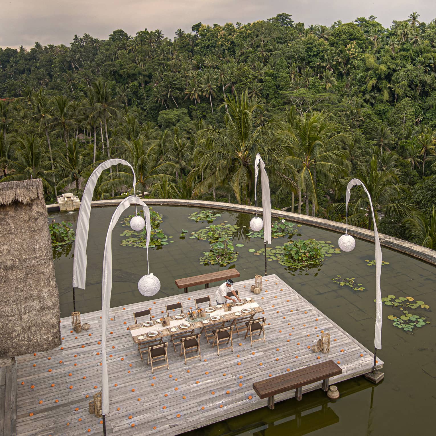 Bird's-eye view of a long table on a deck in a lotus pond, the jungle canopy stretching off into the distance below.