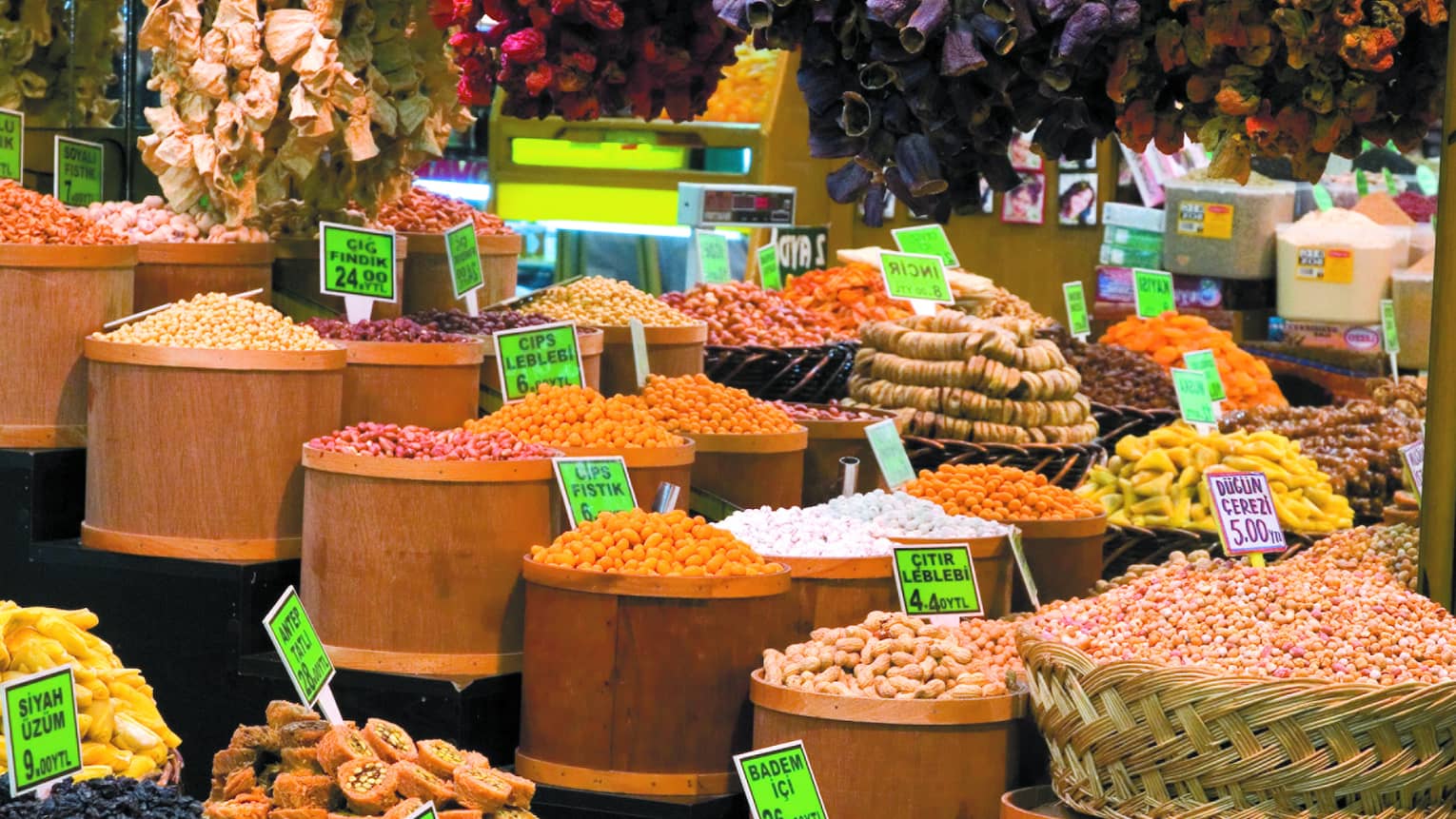 Spice souk, baskets filled with colourful spices in market 