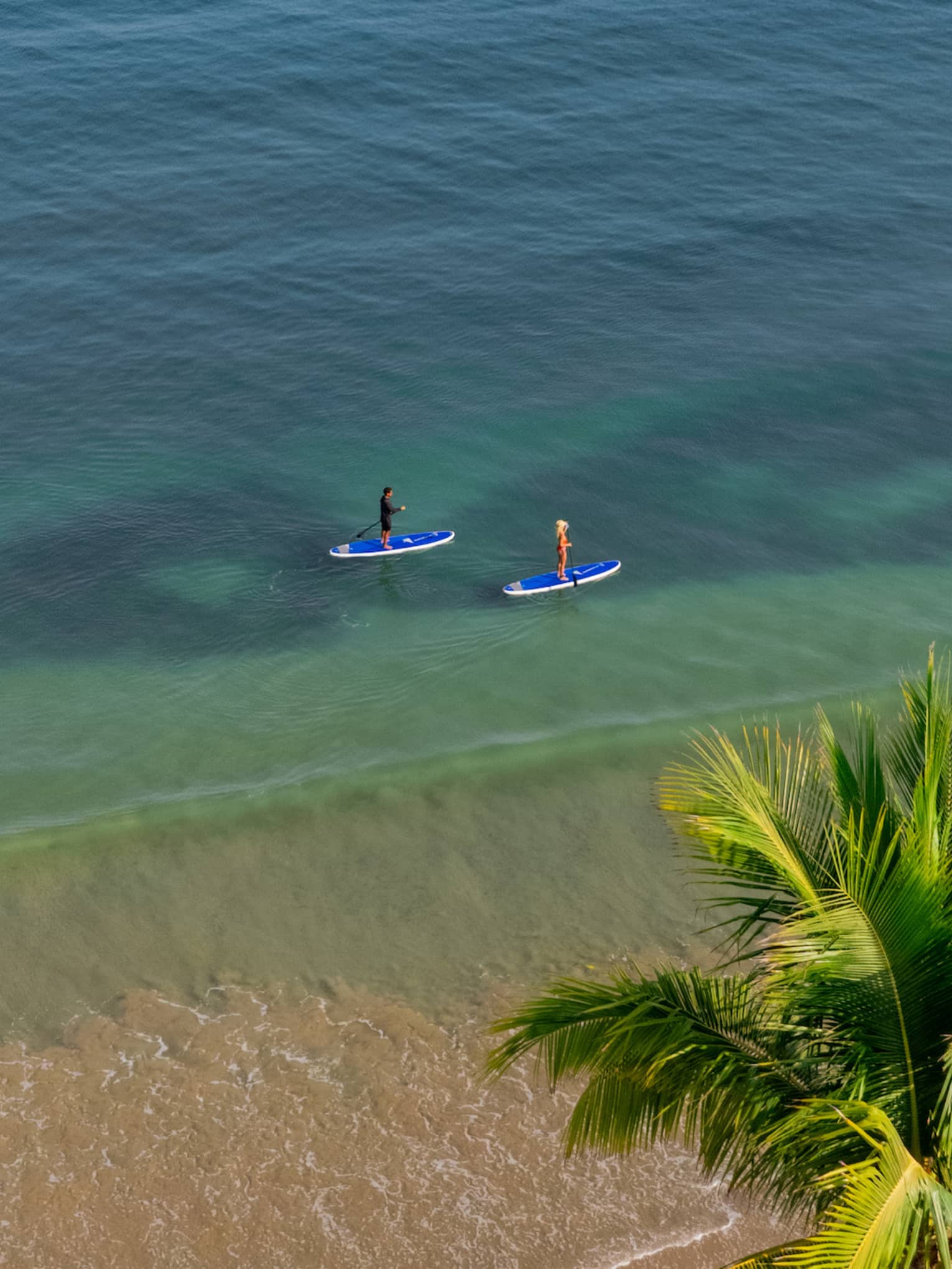 Two people paddleboarding in clear blue waters along the beach shoreline