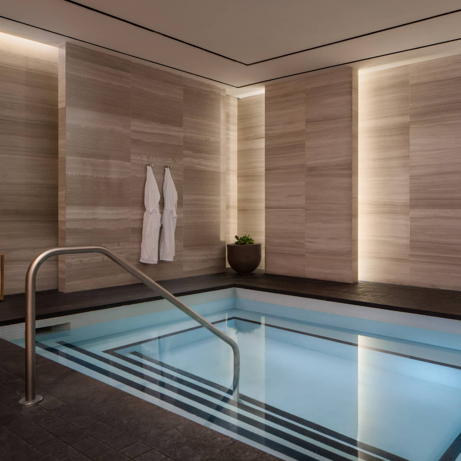 Small rectangular indoor hot tub with potted plants, two white bathrooms hanging on hooks