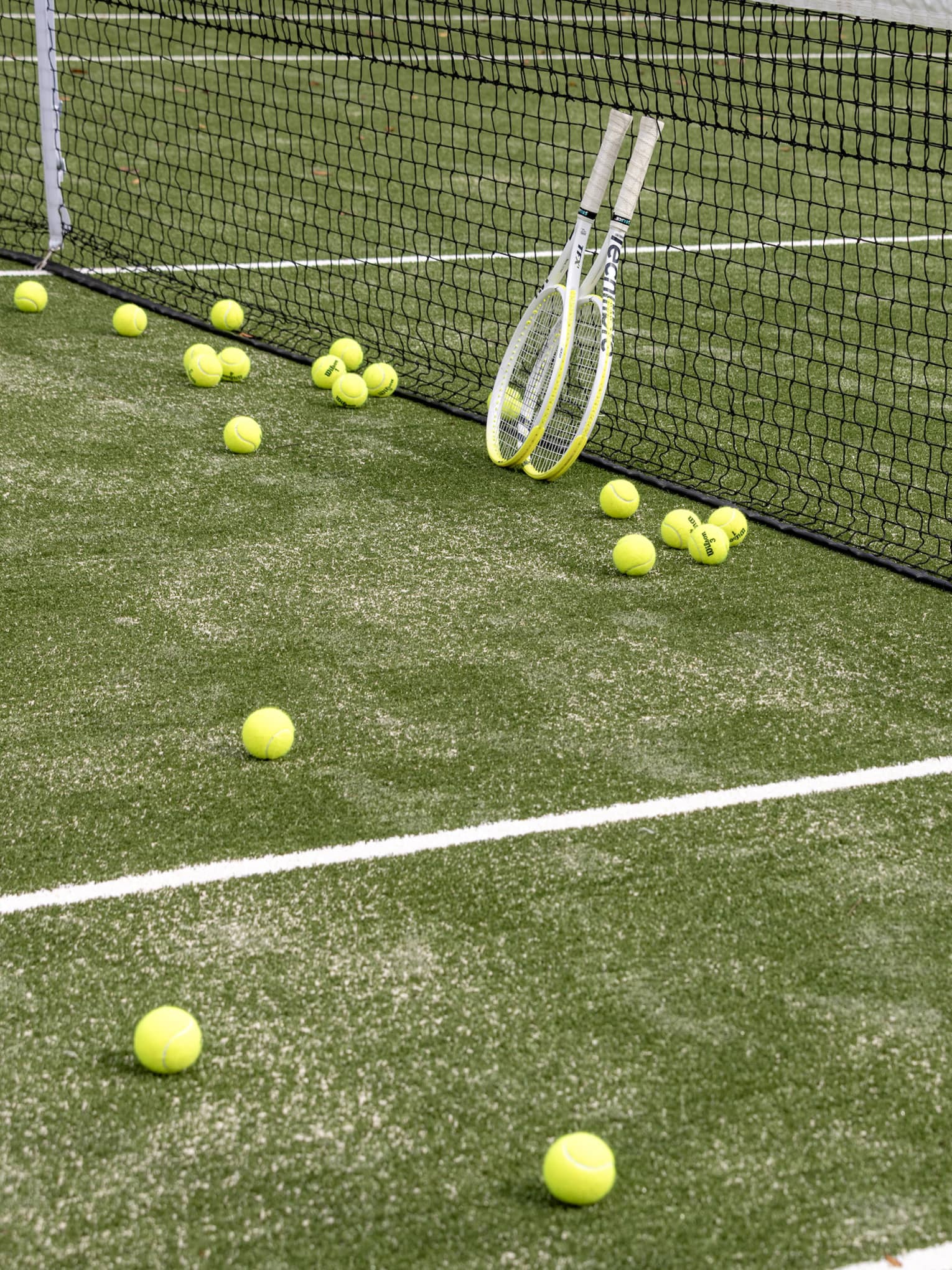 Tennis balls scattered on a tennis court. Two tennis racquets are propped against the net.