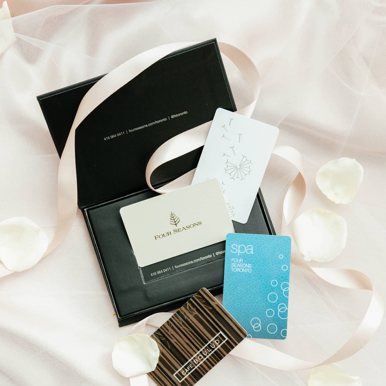 Four Four Seasons gift cards lay above a black card holder with a light-pink ribbon and white rose petals on a white background