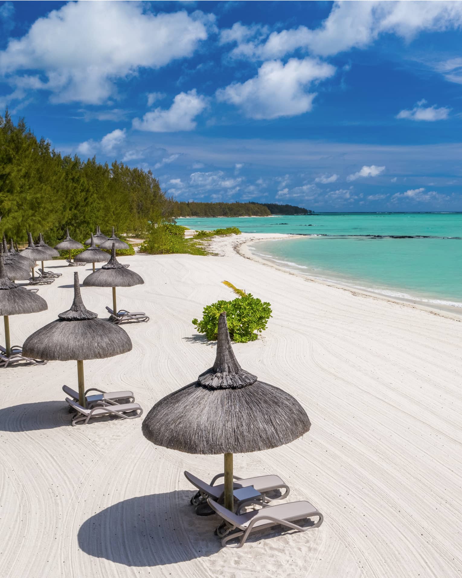 White sand beach with thatched umbrellas and lounge chairs and aqua ocean with blue sky above