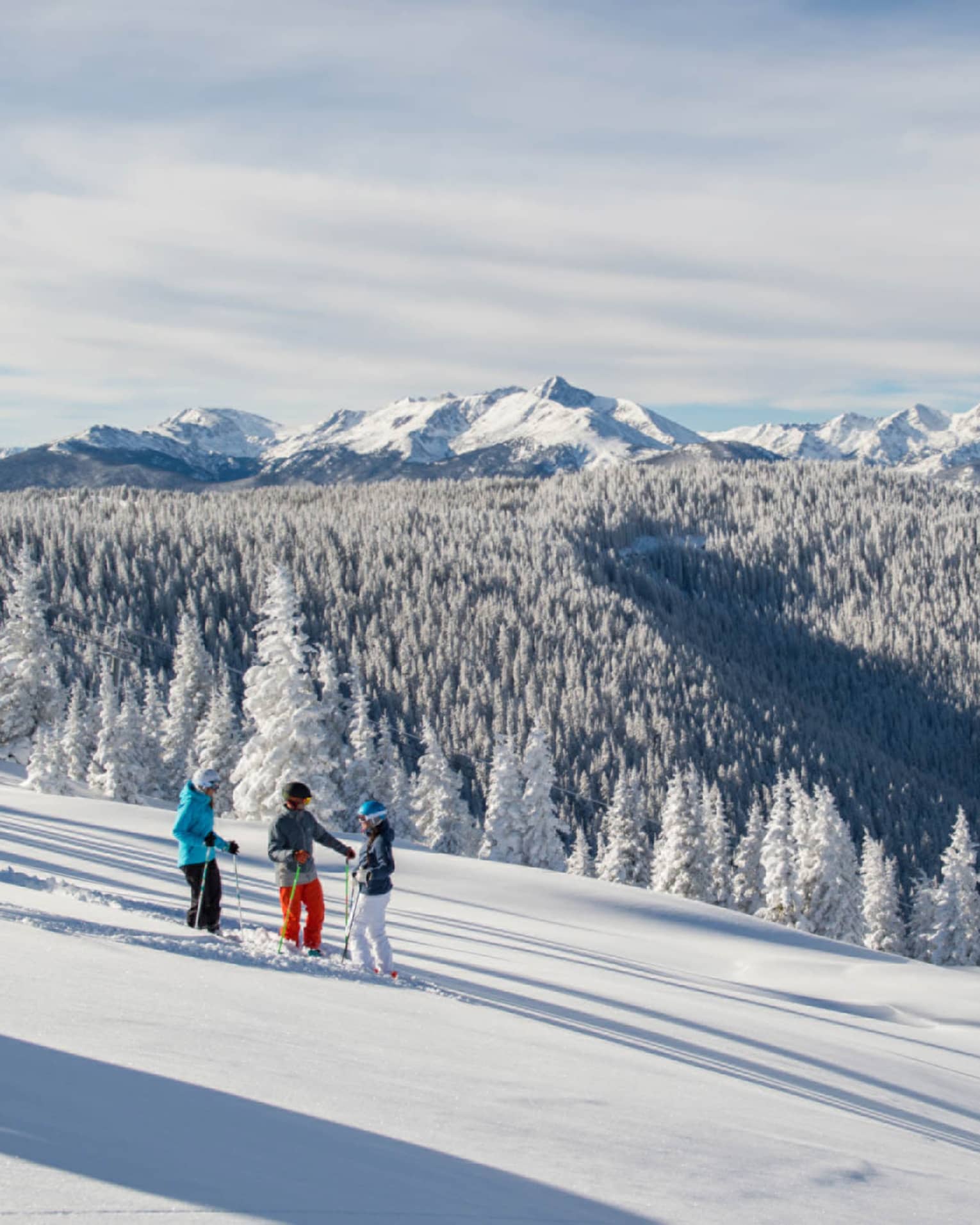 Three guests on skis pause on the ski hill, snow capped trees and mountains in distance 