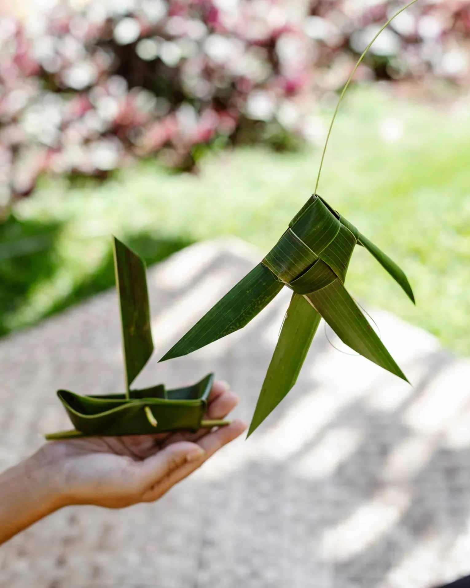 Palm leaf weaving outdoors