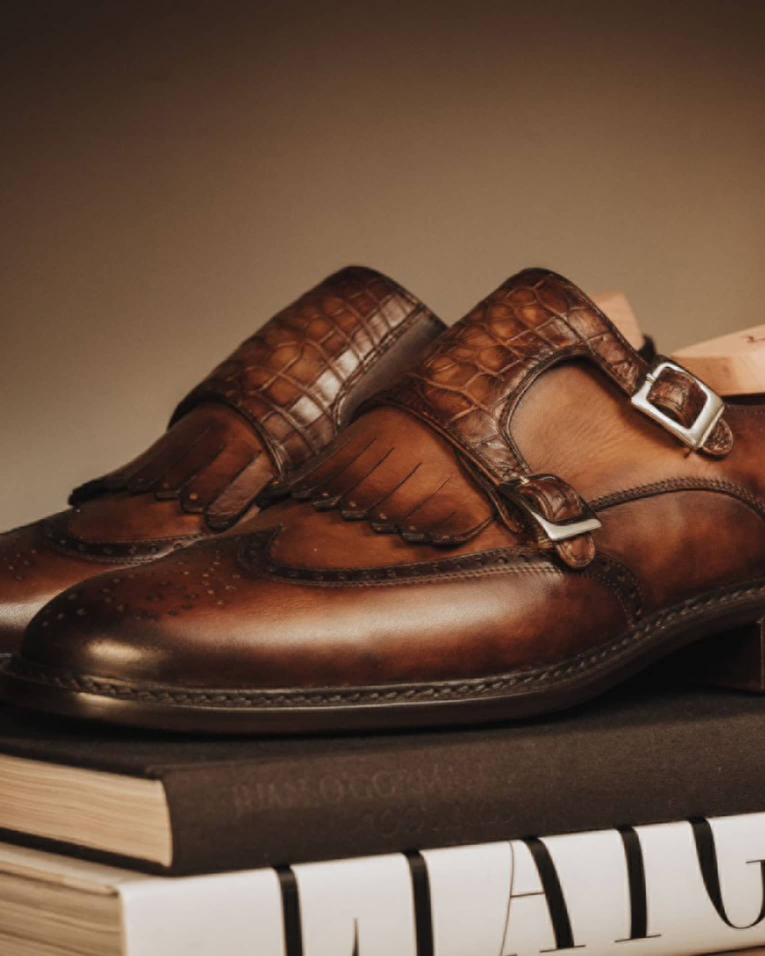 Brown leather shoes with silver buckles placed on top of two books.