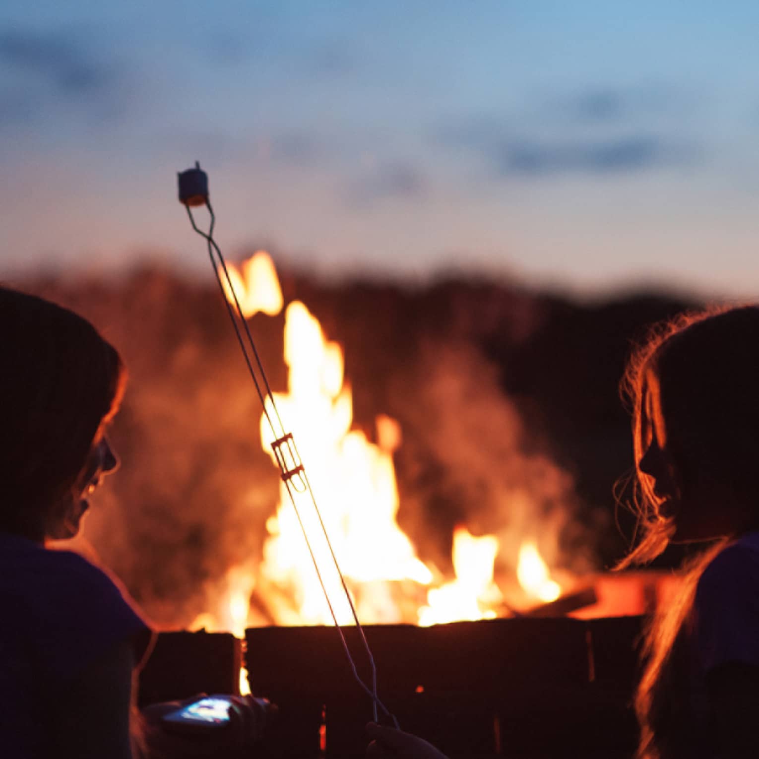 Silhouette of two children roasting marshmallows in front of roaring bonfire