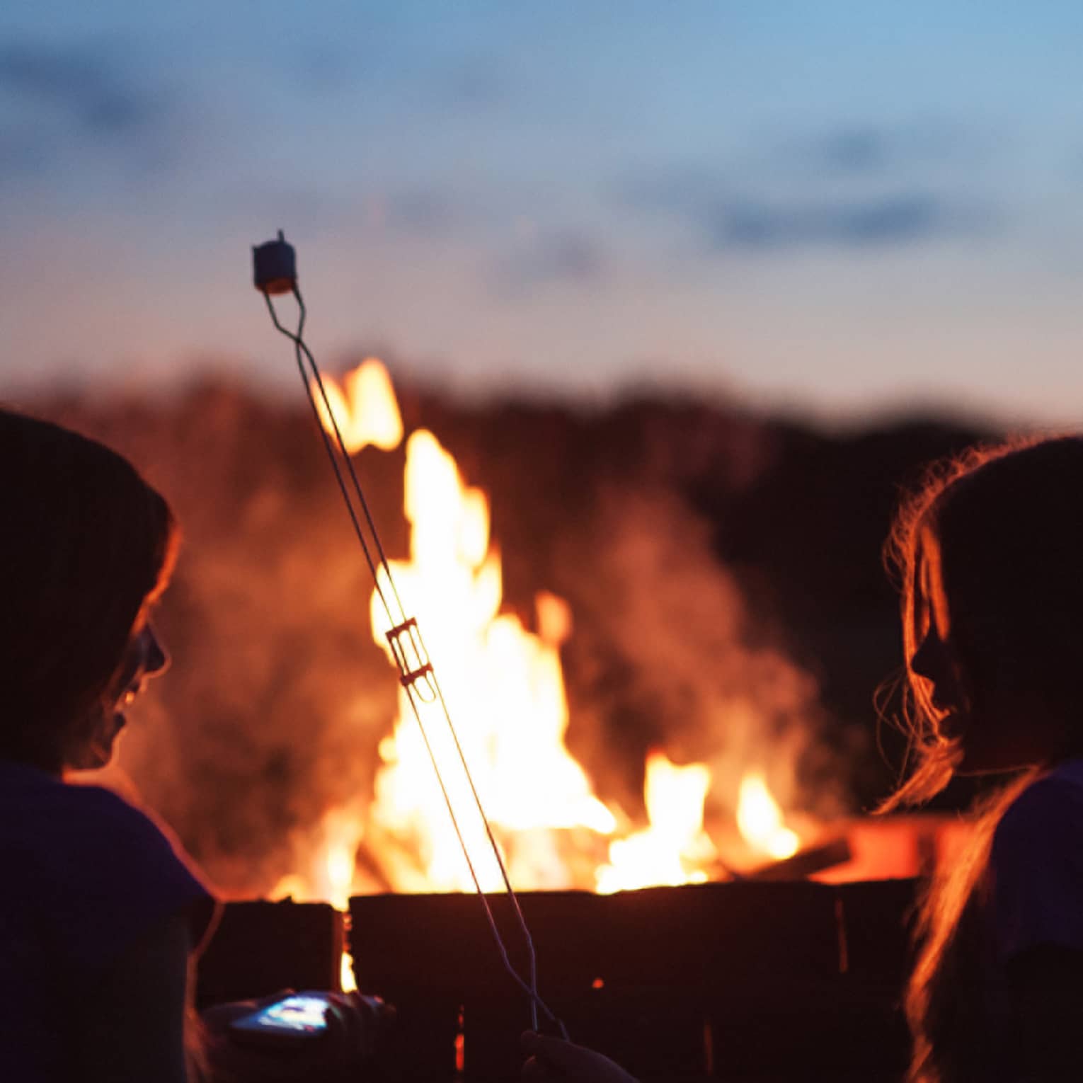 Silhouette of two children roasting marshmallows in front of roaring bonfire 