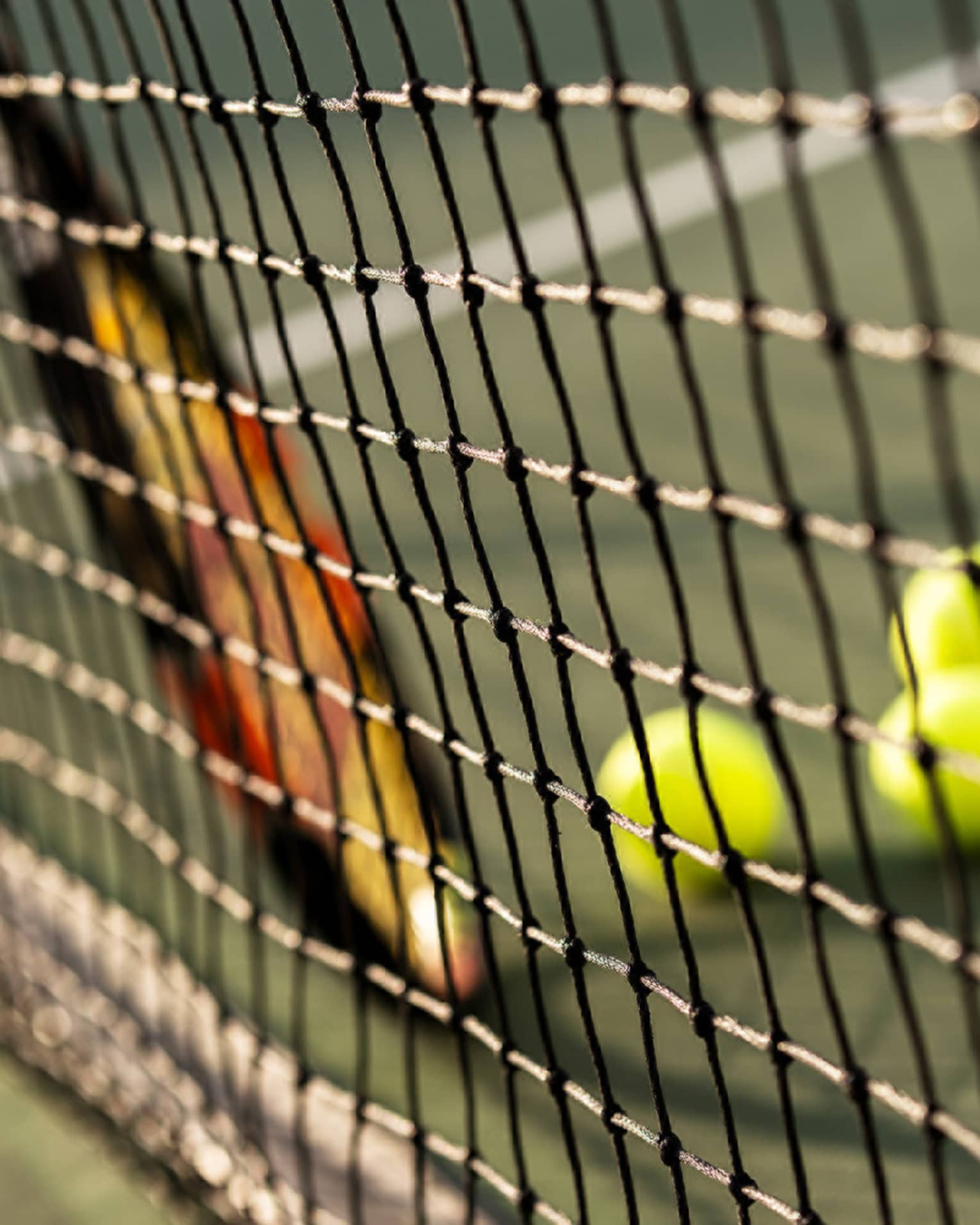Close-up of tennis racket against net, three green tennis balls on ground