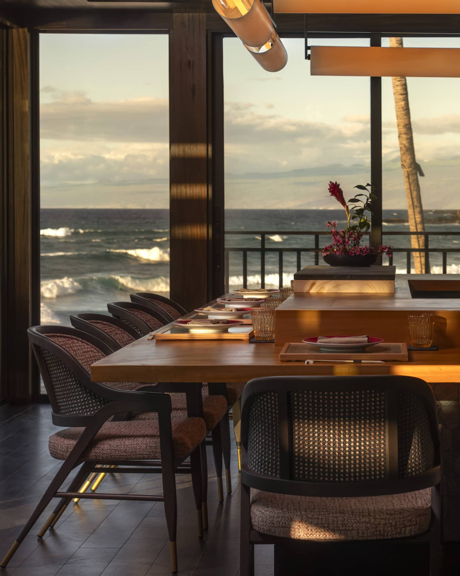 U-shaped sushi bar at tropical luxury resort with ocean view