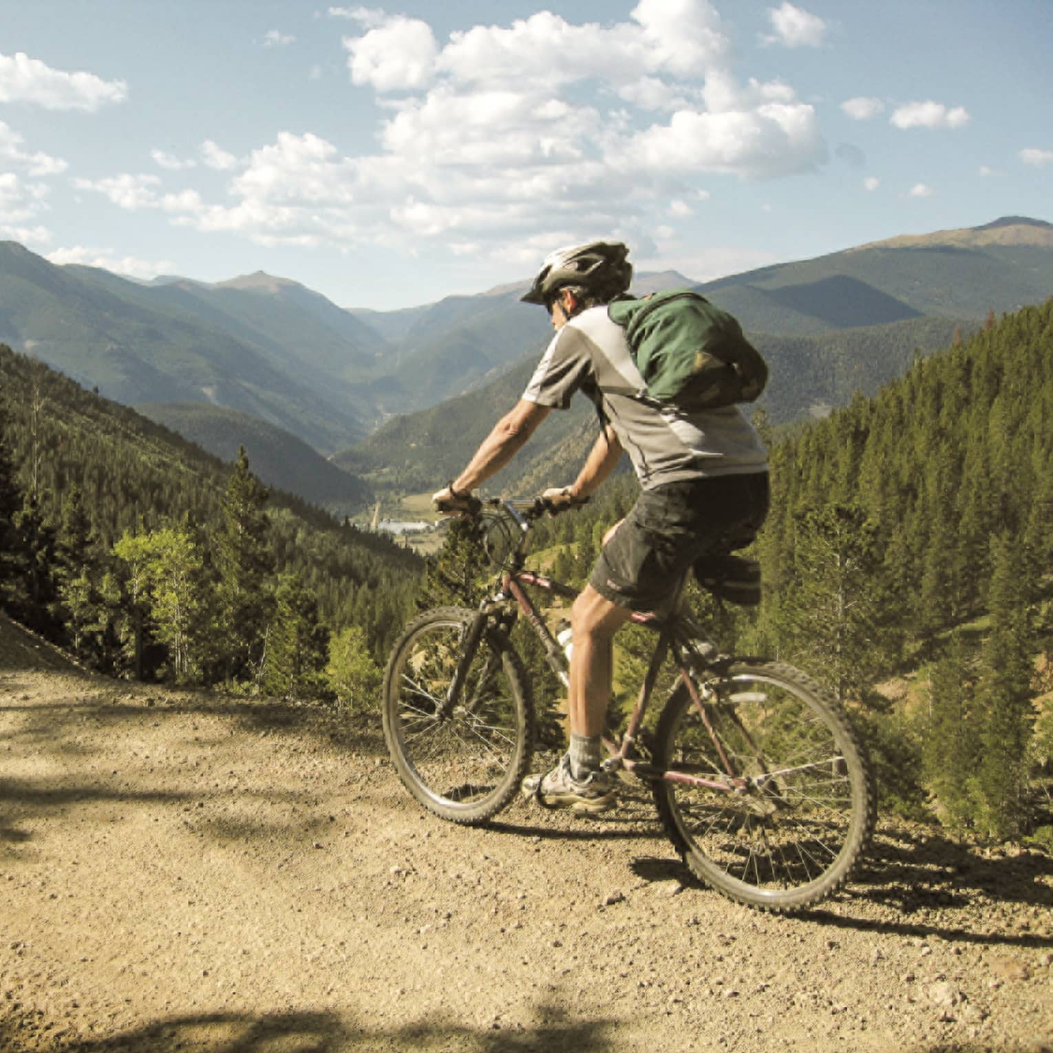 Man in shorts, Tshirt, helmet on bicycle on summer mountain bike trail