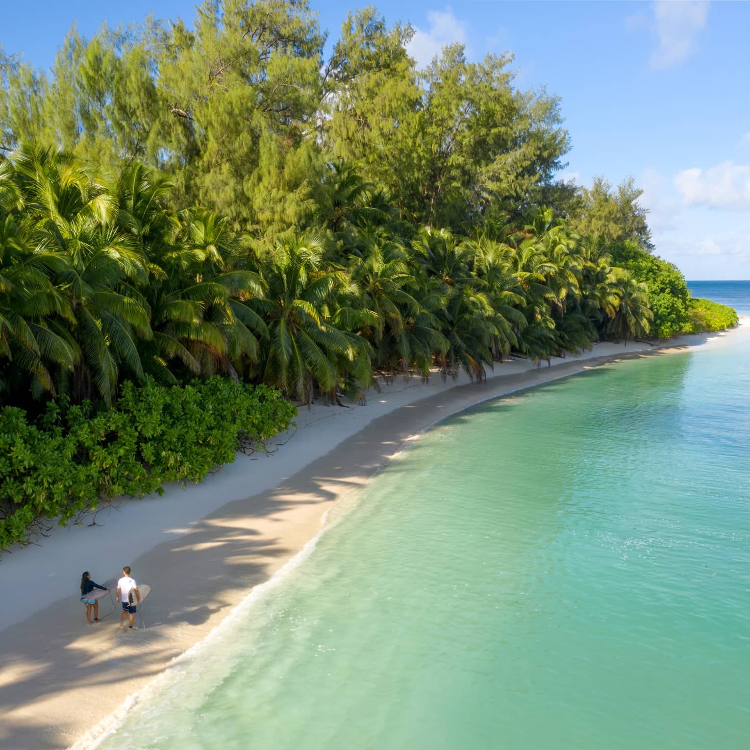 Couple walking along beach, carrying surfboards, flanked by lush tropical vegetation and blue-green water
