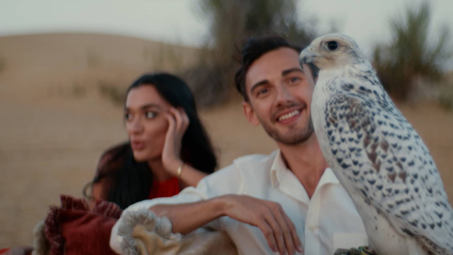 A couple sit next to an Arabian Oryx in the desert.