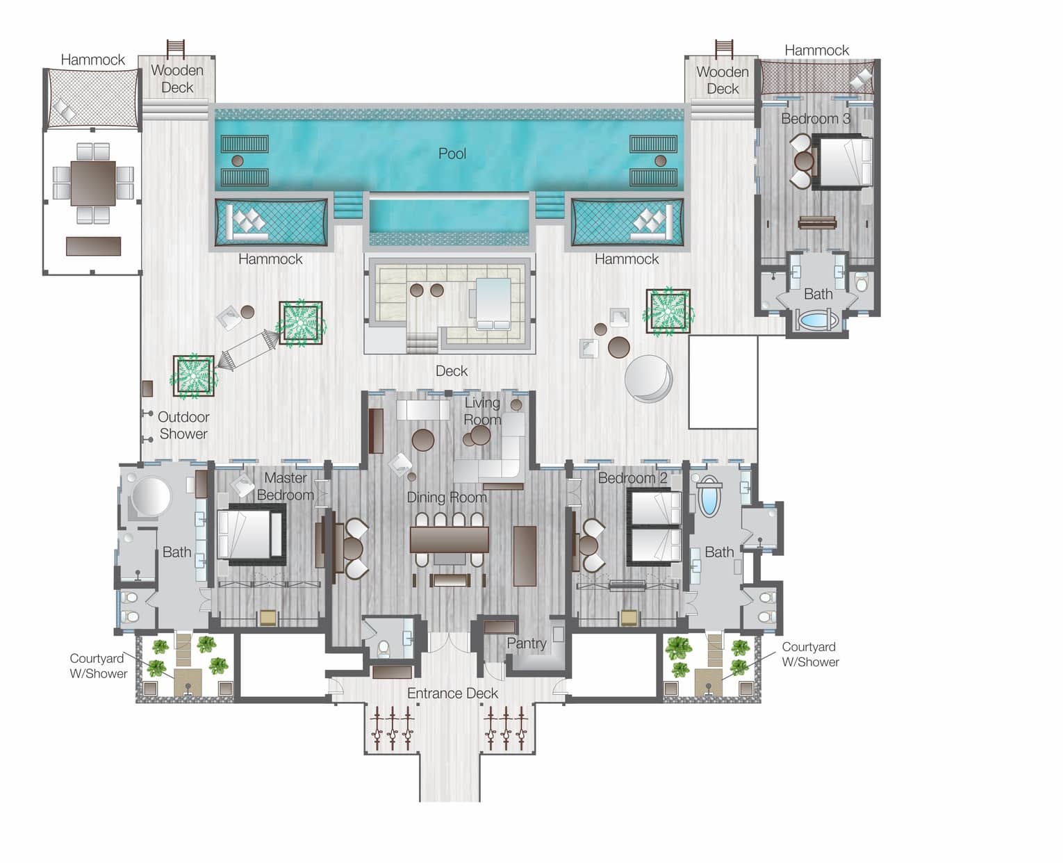 Floorplan of Sunset Three-Bedroom Water Suite with Pool at Four Seasons Maldives at Landaa Giraavaru