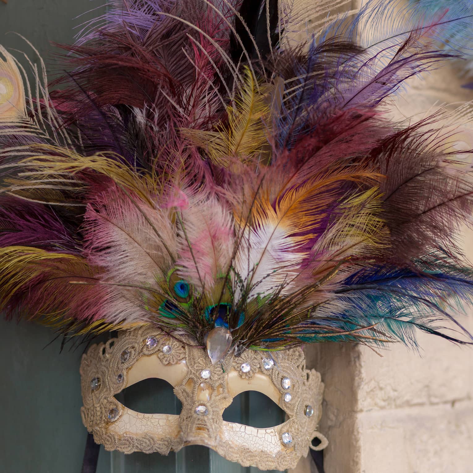 Colourful Mardi Gras mask with peacock feathers