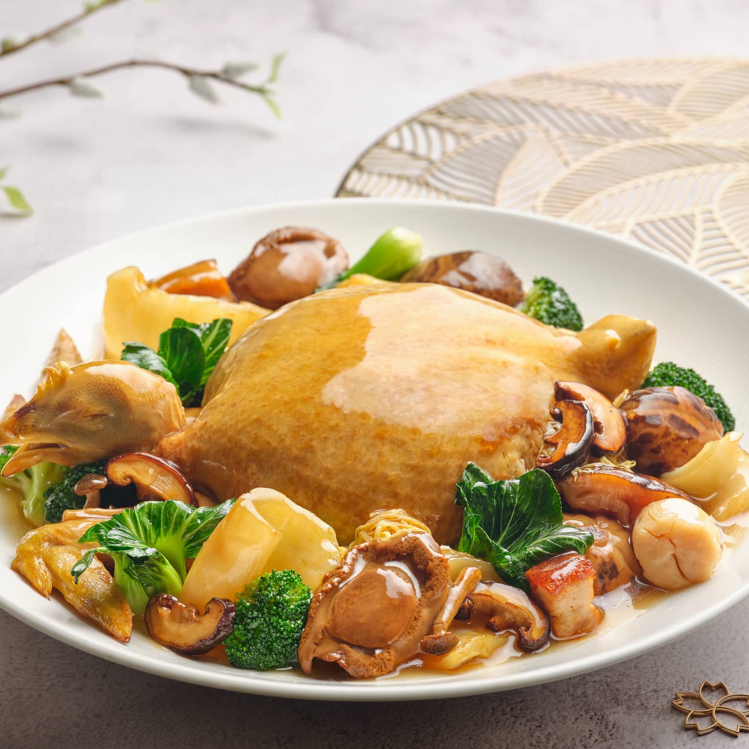 Braised Imperial Chicken with Six Head Abalone, Fish Maw, Sea Cucumber, Dried Scallop and Black Mushrooms