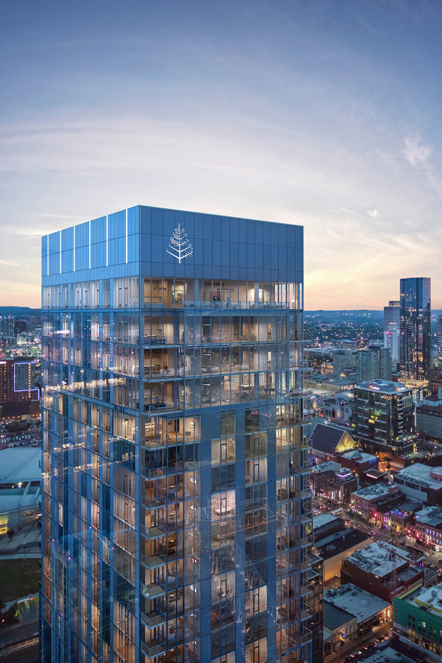 Aerial view of Nashville skyline at dusk