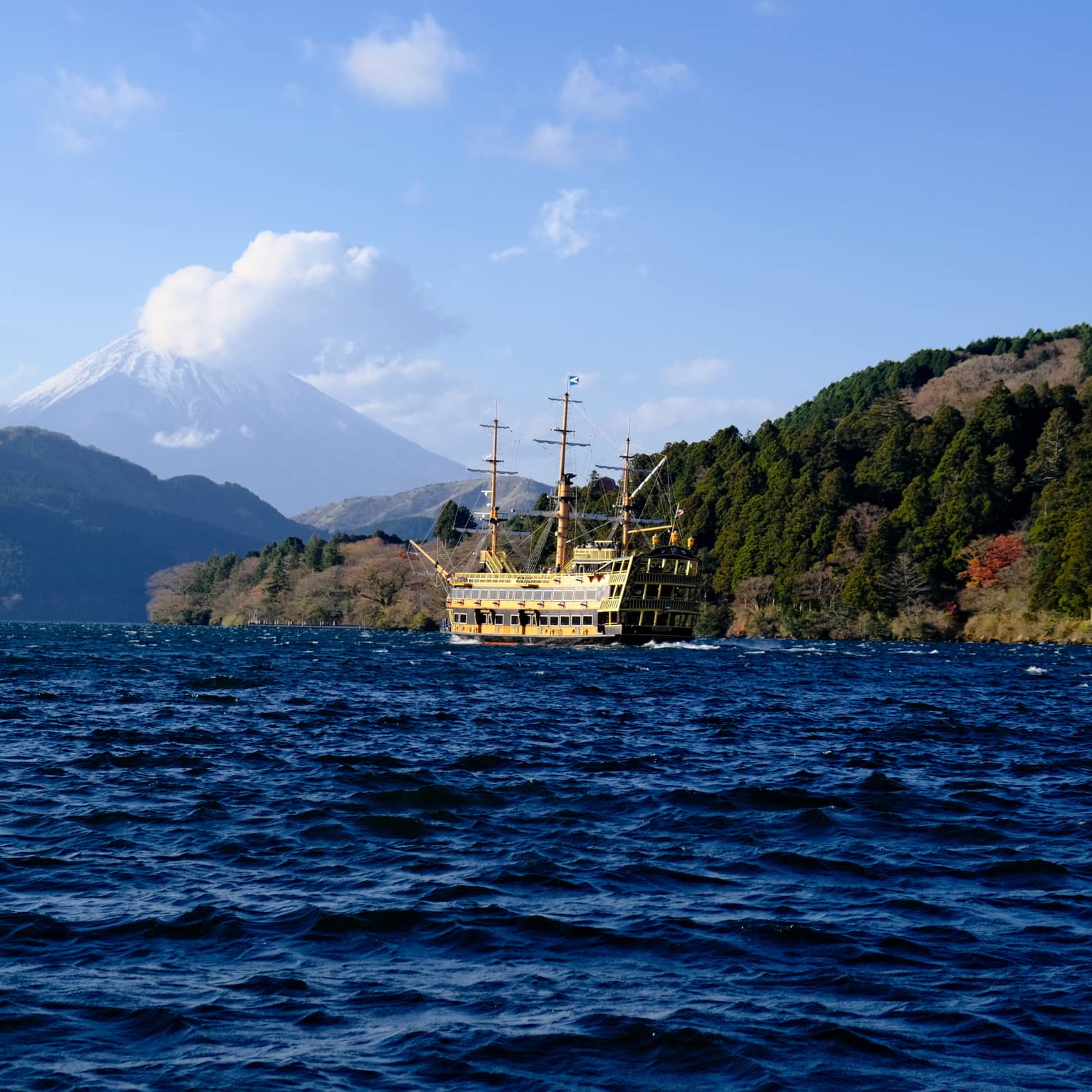 Mt Fuji lake view with a sightseeing boat and view of Hakone Shrine