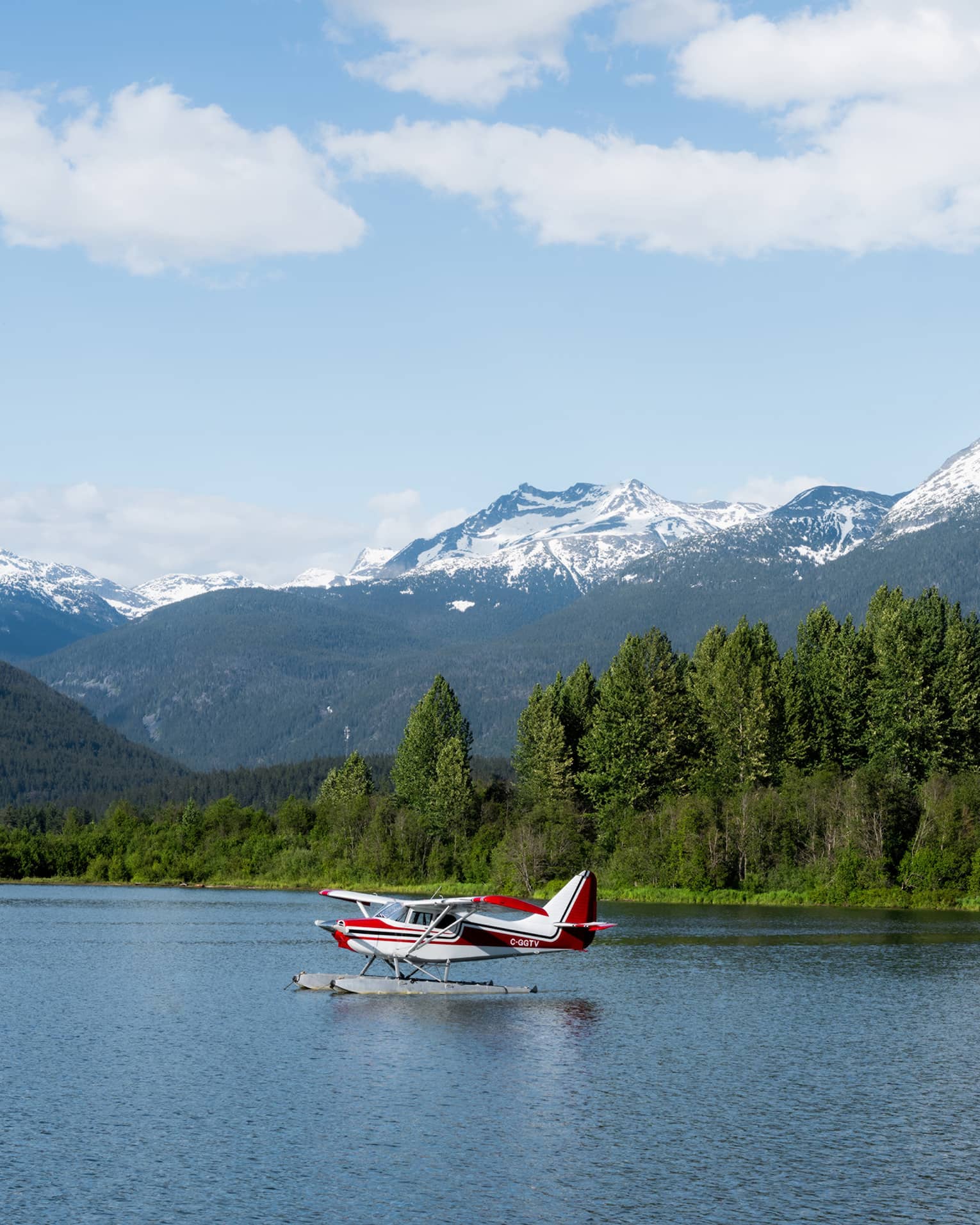 A small plane on a lake surrounded by forest with mountains in the background.