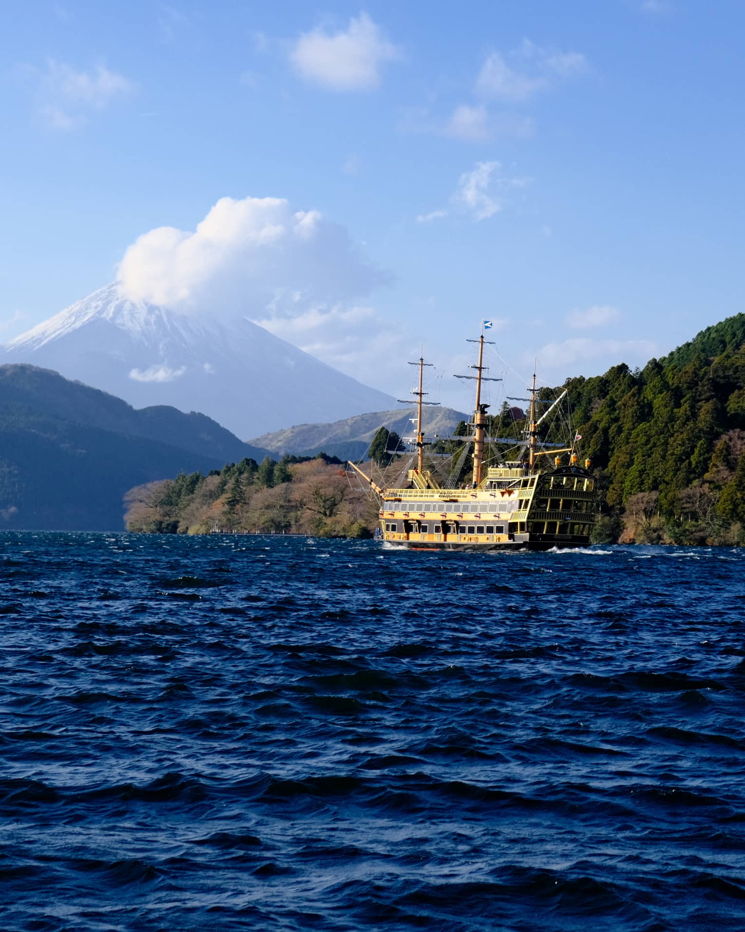 Mt Fuji lake view with a sightseeing boat and view of Hakone Shrine