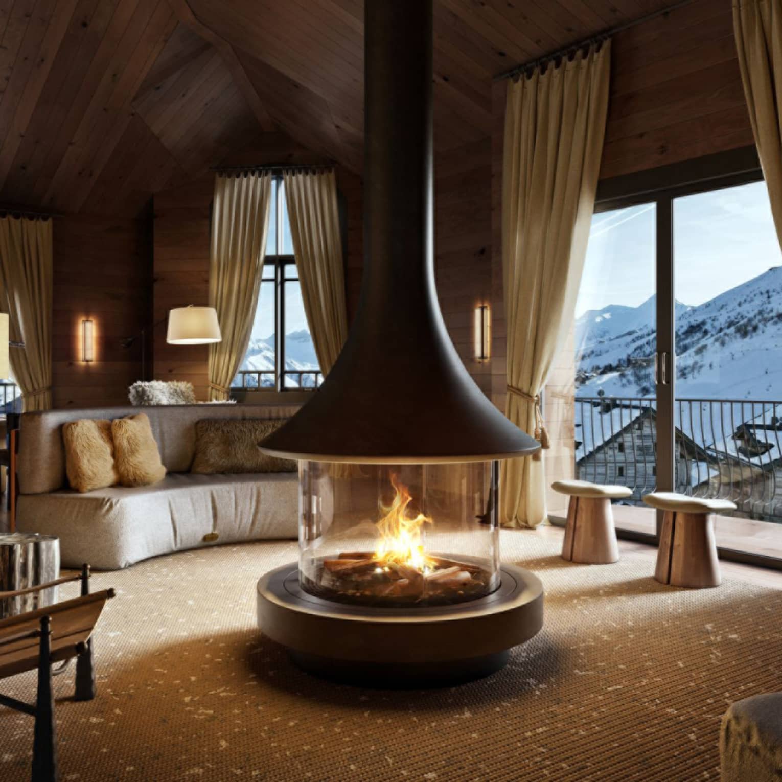 Living room with a fireplace in the centre and large windows with curtains.