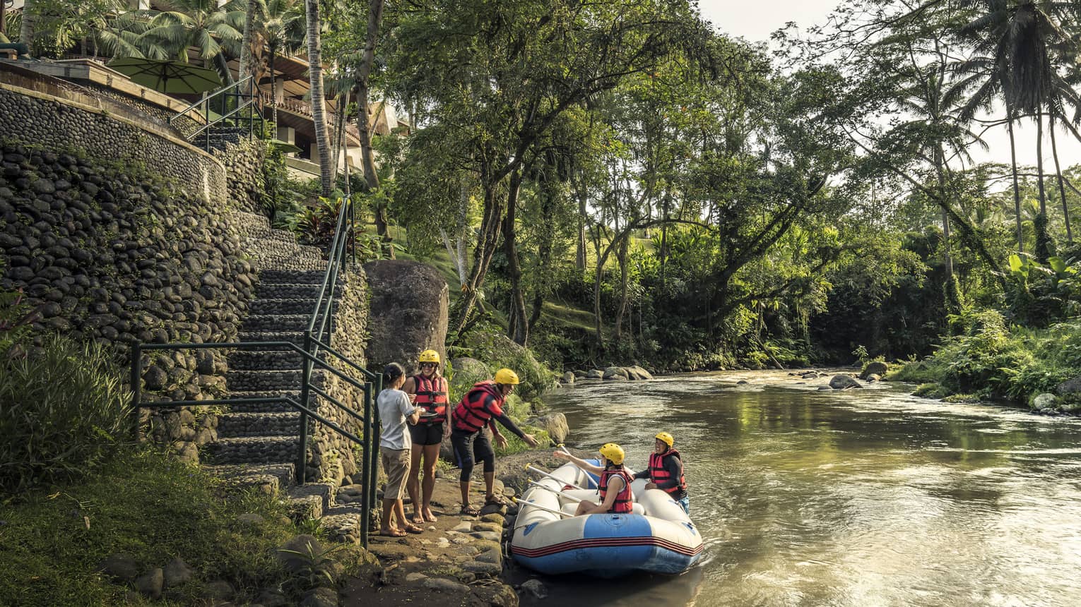 Guests disembarking from a raft after a river adventure in Bali 