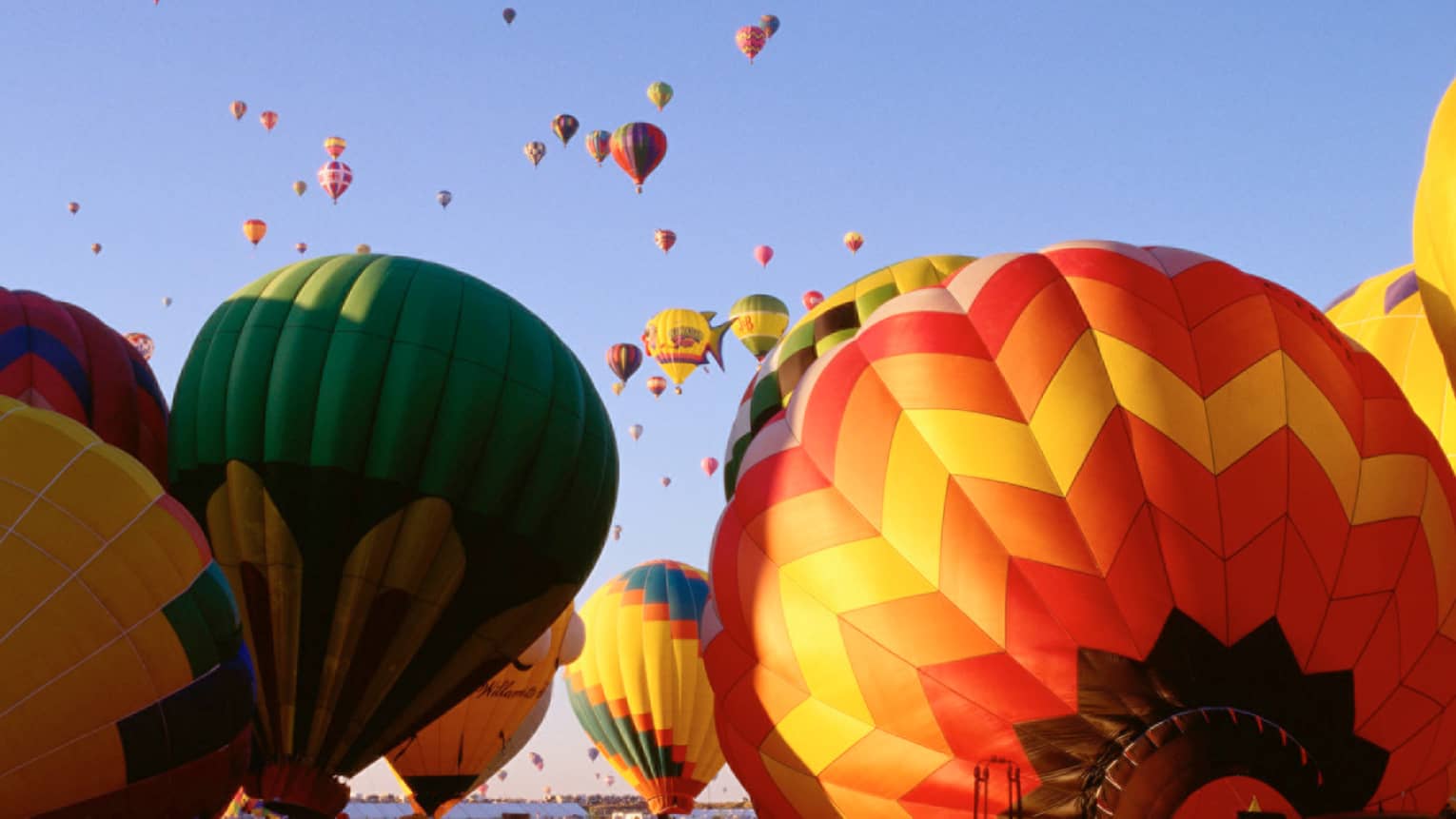 Clusters of colourful hot air balloons rising into blue sky
