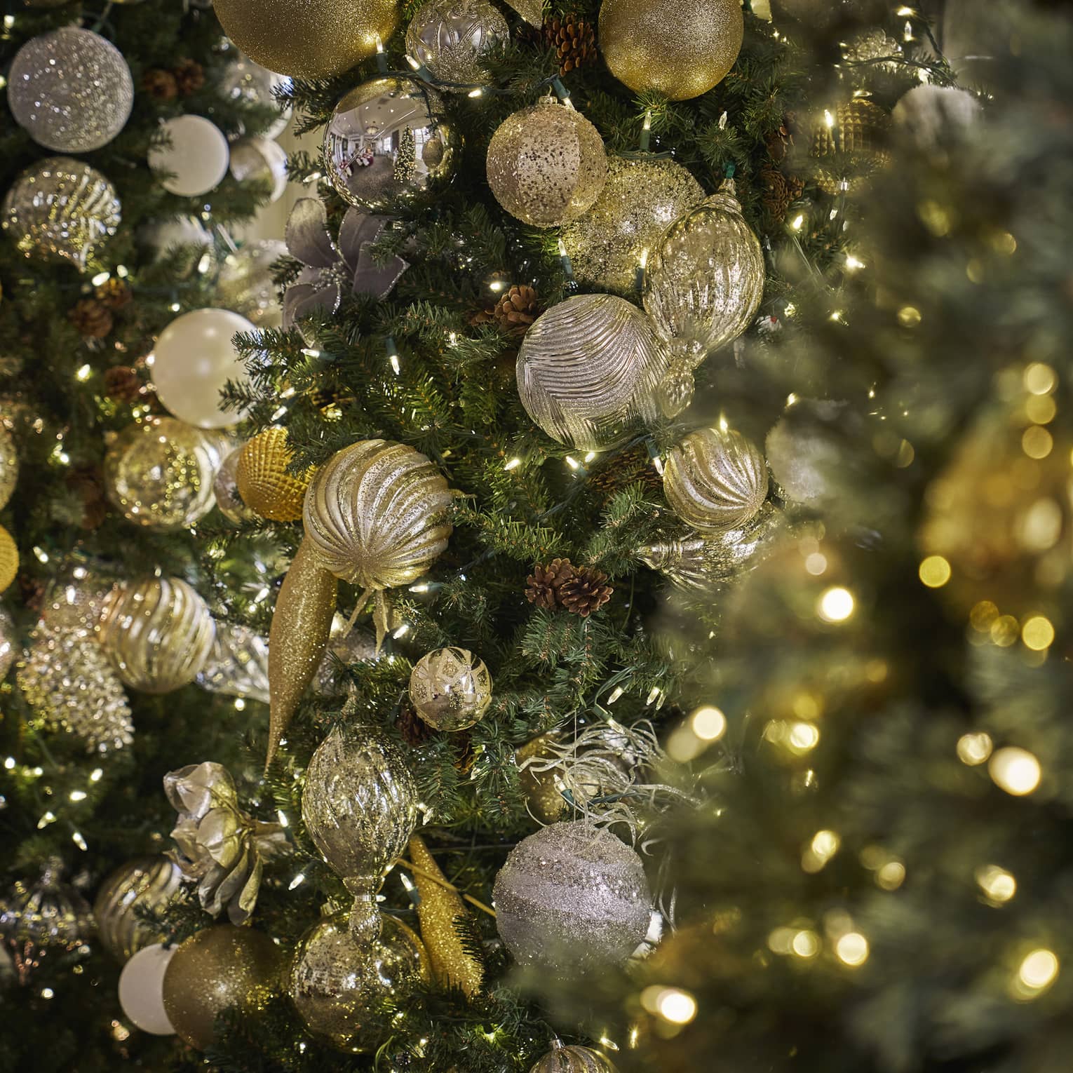Closeup of Christmas tree with gold ornaments and white string lights
